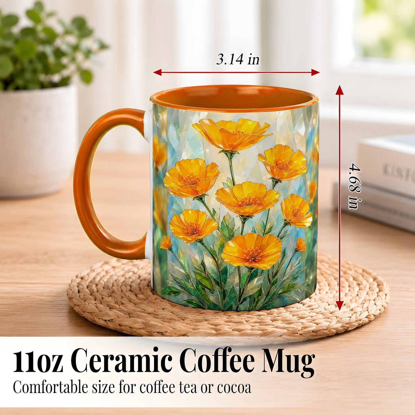 #pl[11oz|Orange] Orange Poppy Coffee Mug, Stained Glass Style Mug, Ceramic Cup