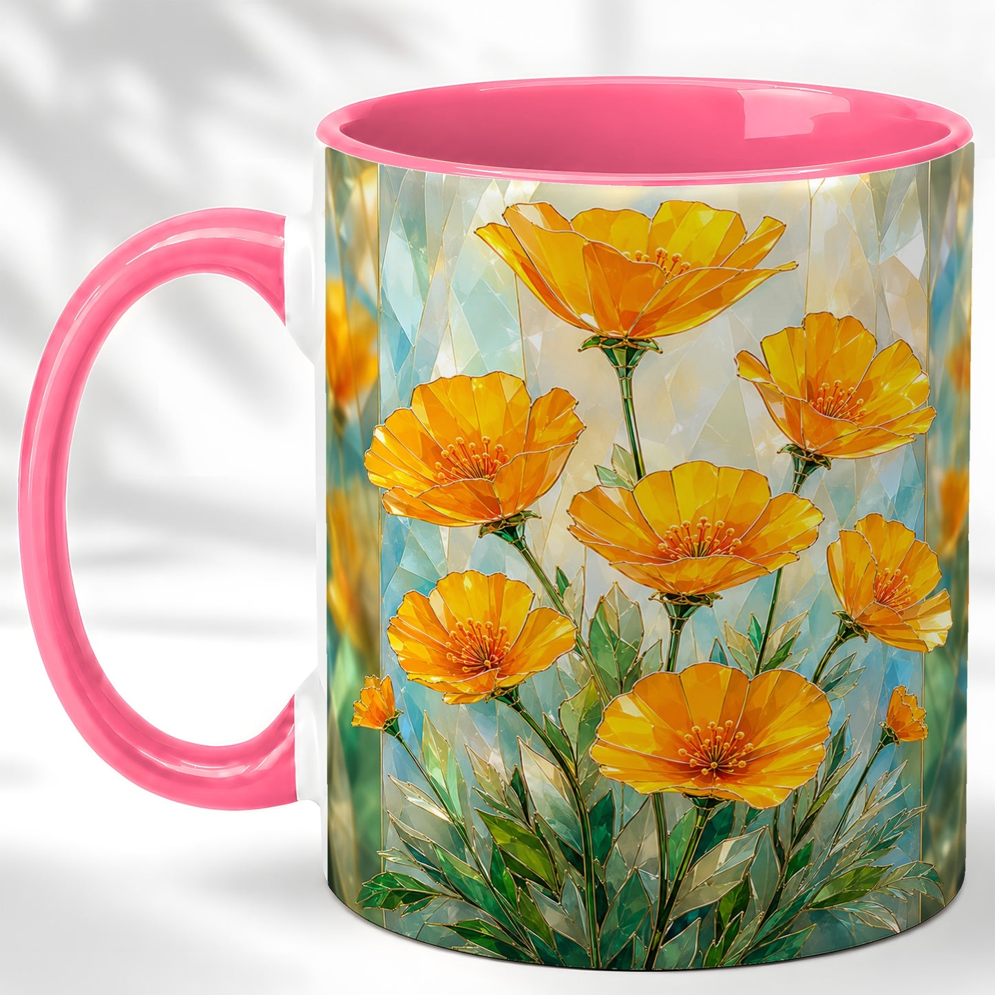 #pl[11oz|Pink] Orange Poppy Coffee Mug, Stained Glass Style Mug, Ceramic Cup