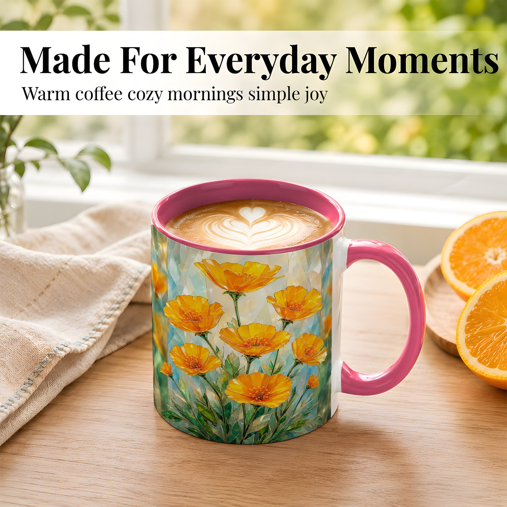#pl[11oz|Pink] Orange Poppy Coffee Mug, Stained Glass Style Mug, Ceramic Cup