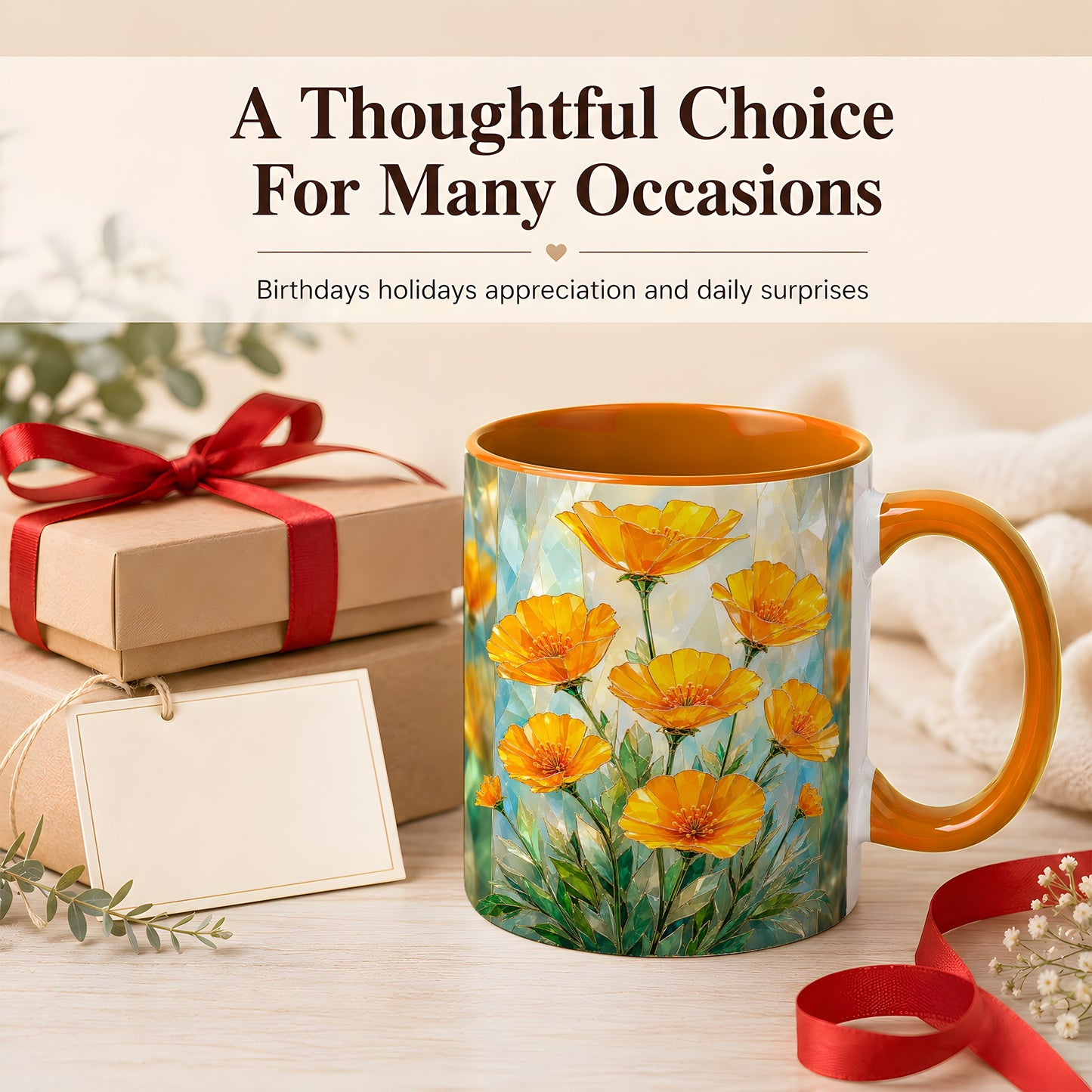 #pl[11oz|Orange] Orange Poppy Coffee Mug, Stained Glass Style Mug, Ceramic Cup