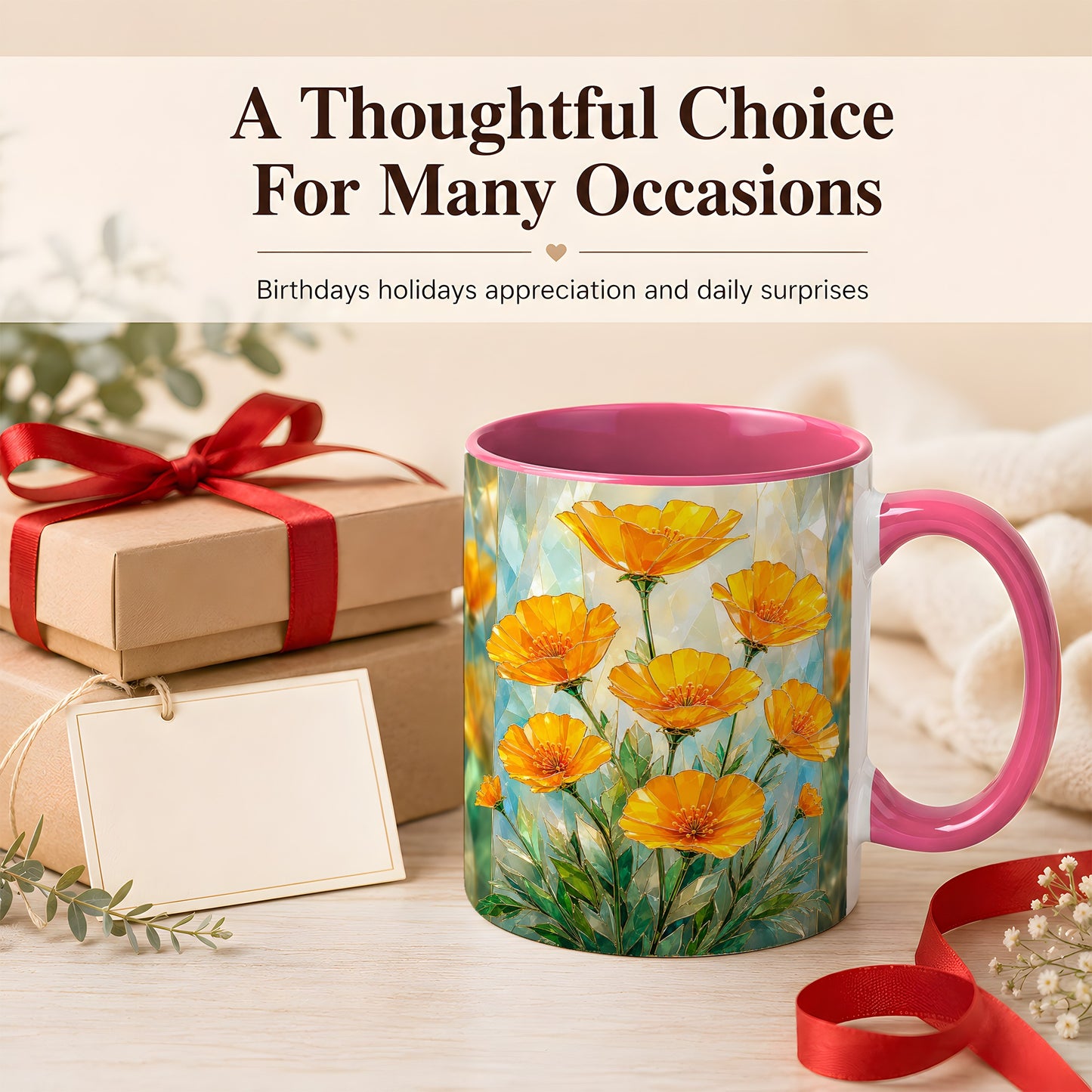 #pl[11oz|Pink] Orange Poppy Coffee Mug, Stained Glass Style Mug, Ceramic Cup