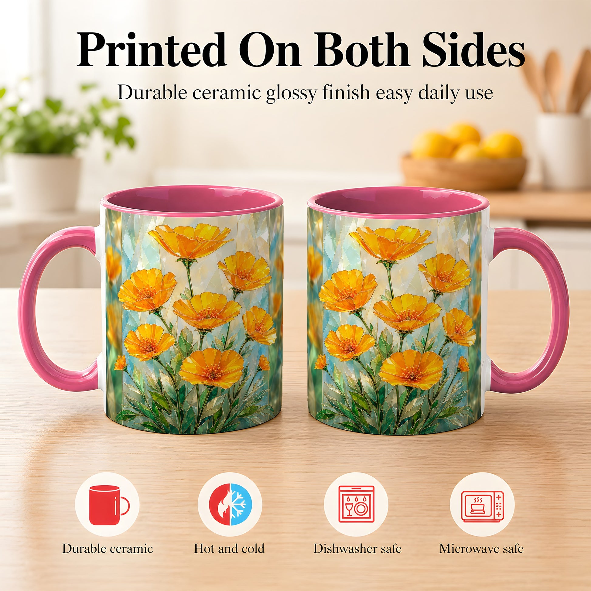 #pl[11oz|Pink] Orange Poppy Coffee Mug, Stained Glass Style Mug, Ceramic Cup