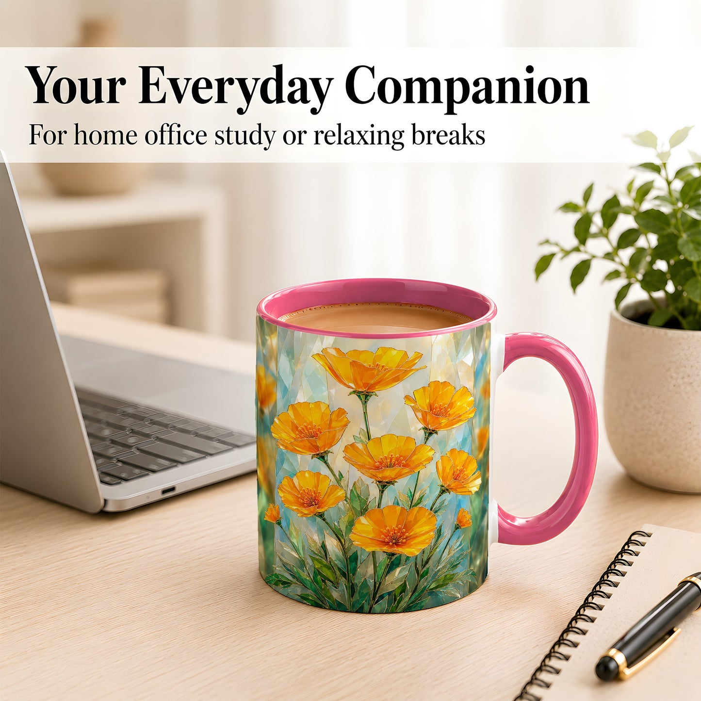 #pl[11oz|Pink] Orange Poppy Coffee Mug, Stained Glass Style Mug, Ceramic Cup
