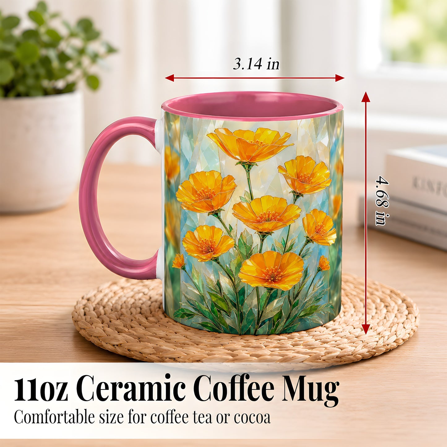 #pl[11oz|Pink] Orange Poppy Coffee Mug, Stained Glass Style Mug, Ceramic Cup