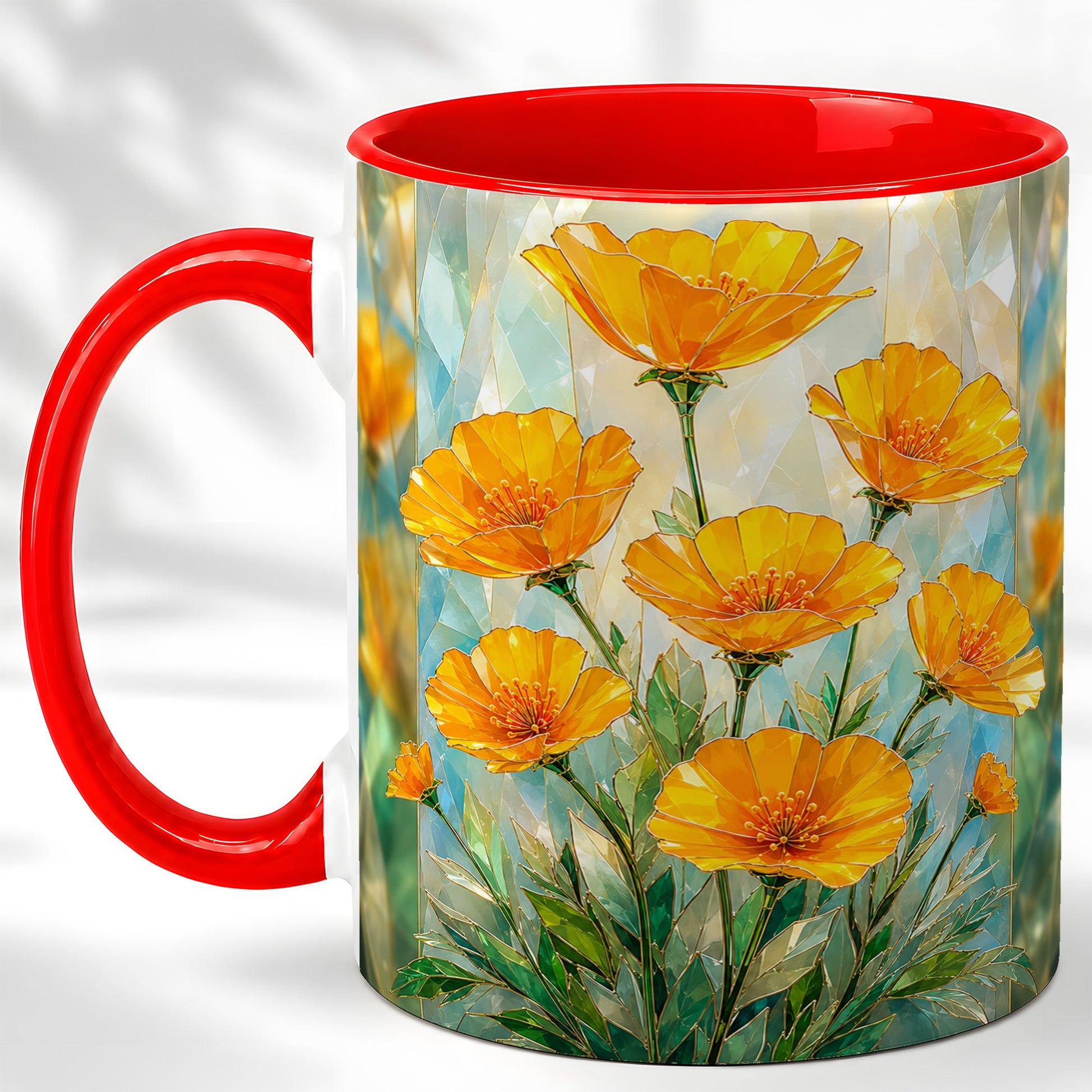 #pl[11oz|Red] Orange Poppy Coffee Mug, Stained Glass Style Mug, Ceramic Cup