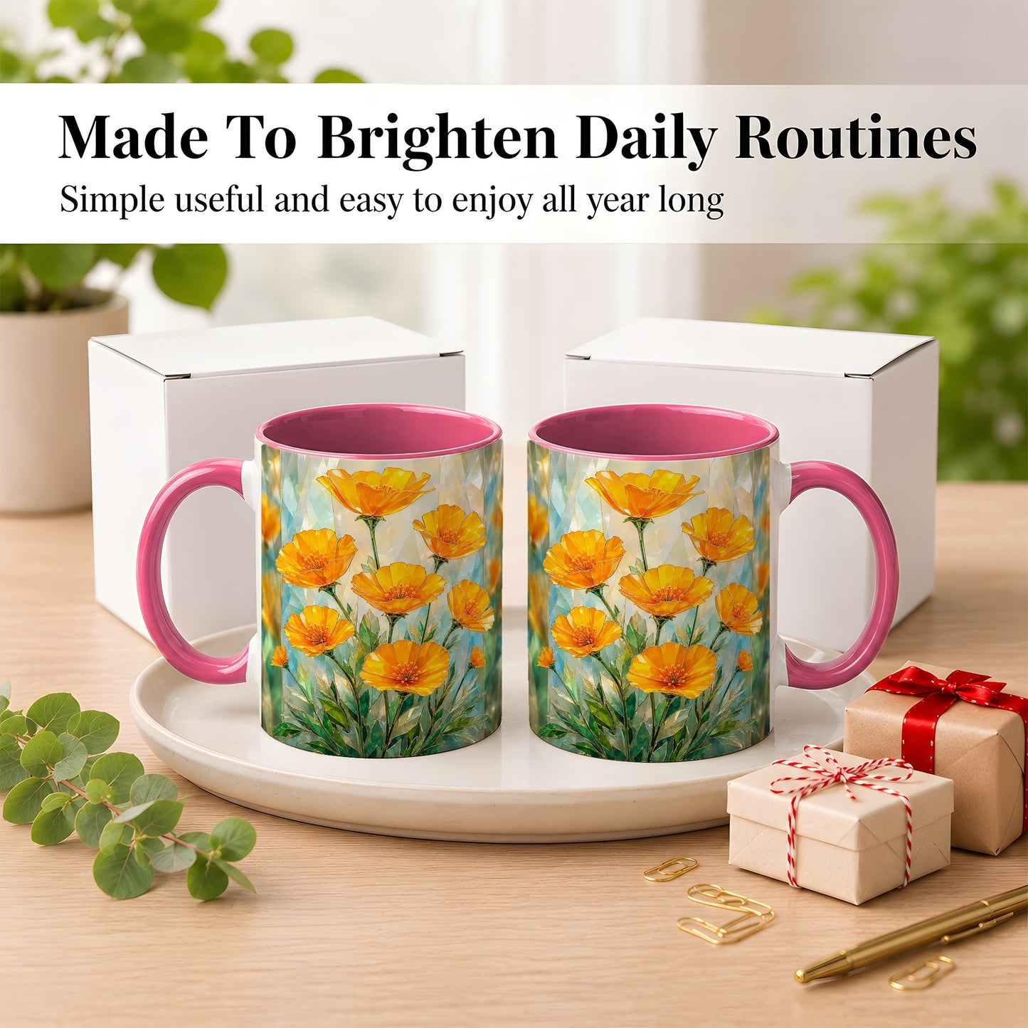 #pl[11oz|Pink] Orange Poppy Coffee Mug, Stained Glass Style Mug, Ceramic Cup