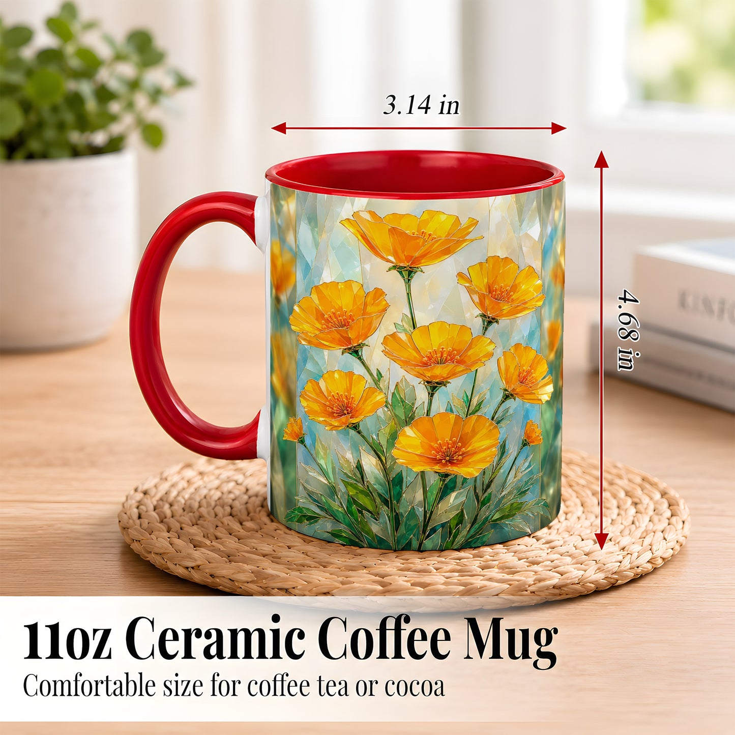 #pl[11oz|Red] Orange Poppy Coffee Mug, Stained Glass Style Mug, Ceramic Cup