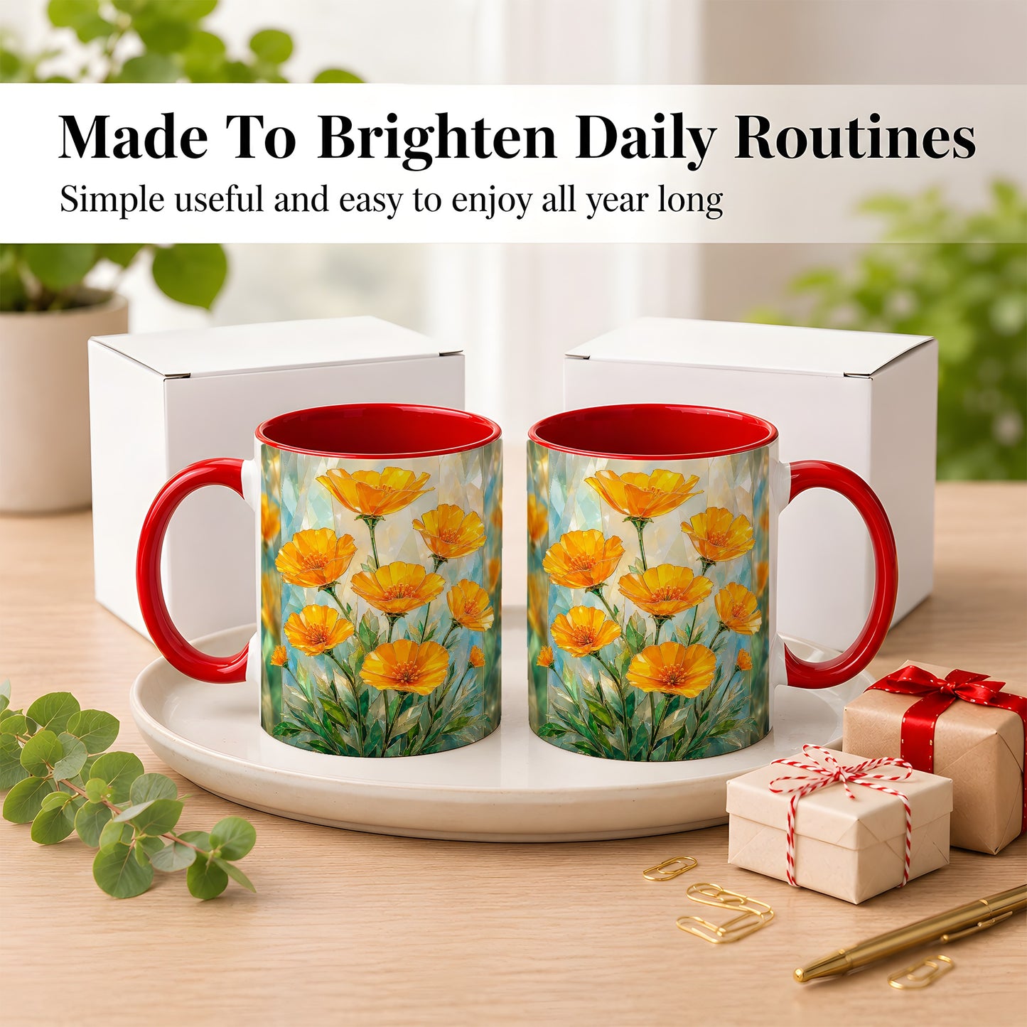 #pl[11oz|Red] Orange Poppy Coffee Mug, Stained Glass Style Mug, Ceramic Cup
