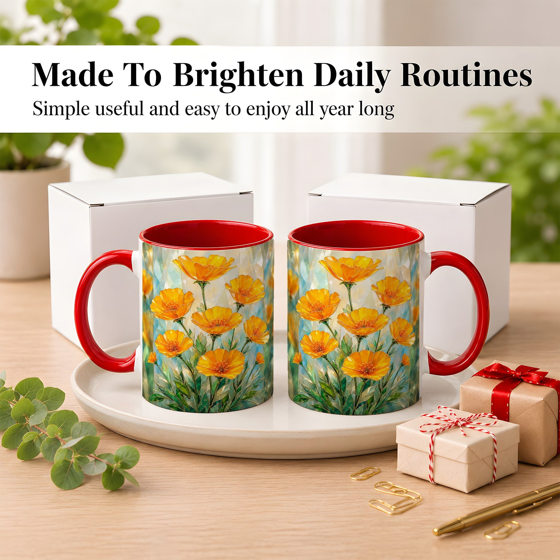 #pl[11oz|Red] Orange Poppy Coffee Mug, Stained Glass Style Mug, Ceramic Cup
