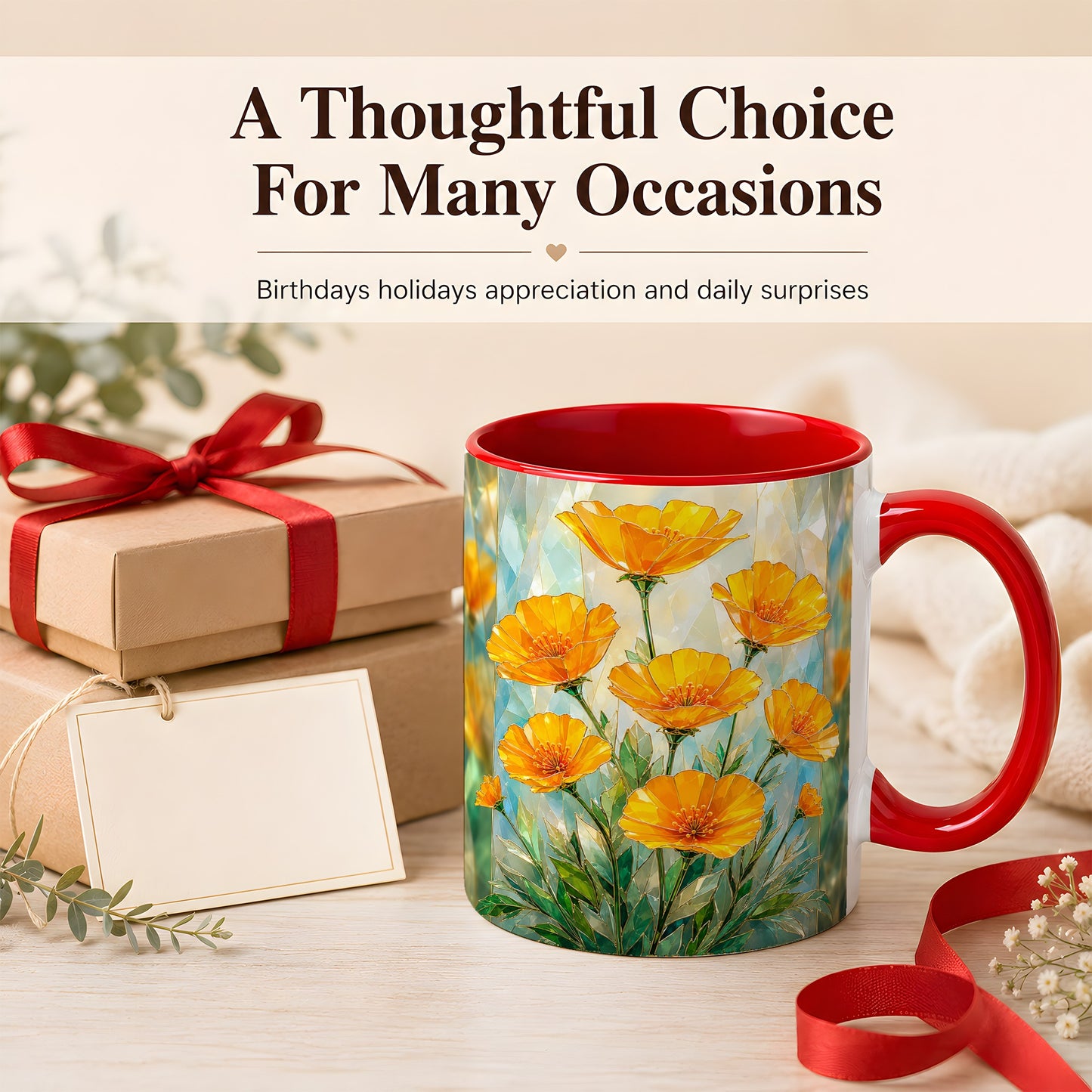 #pl[11oz|Red] Orange Poppy Coffee Mug, Stained Glass Style Mug, Ceramic Cup