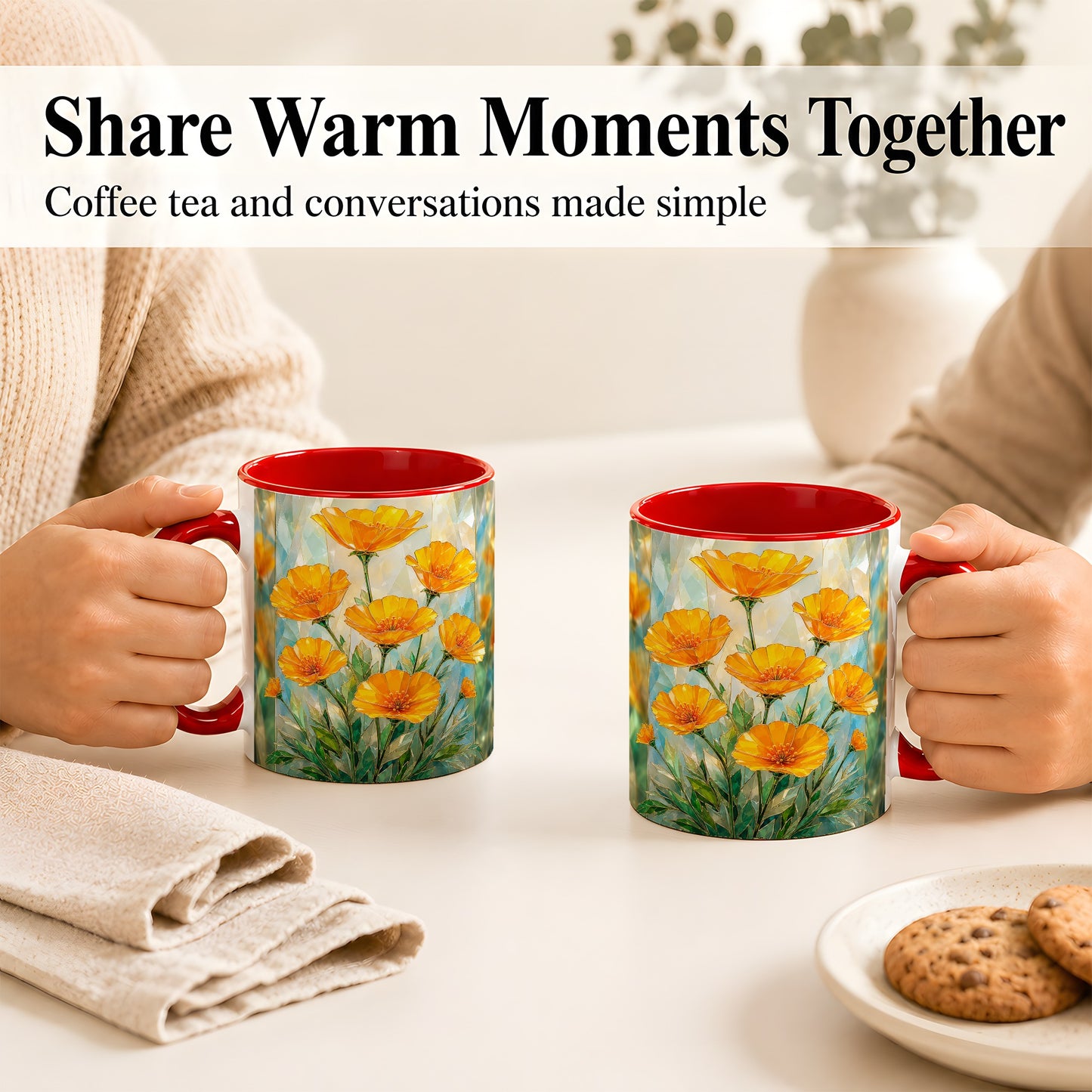 #pl[11oz|Red] Orange Poppy Coffee Mug, Stained Glass Style Mug, Ceramic Cup