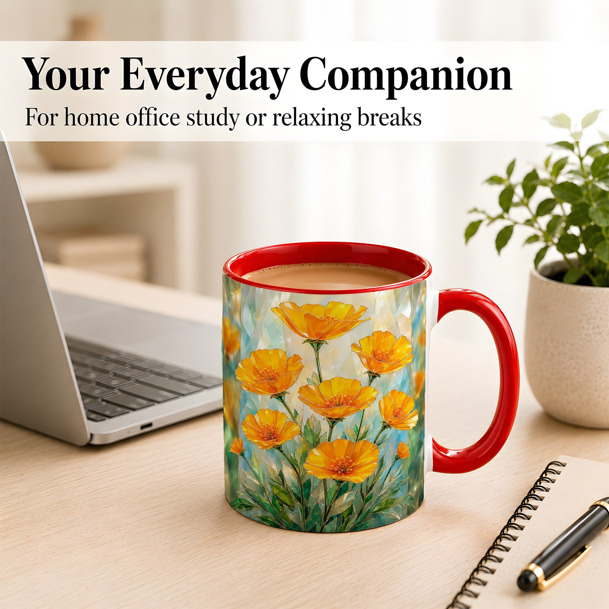 #pl[11oz|Red] Orange Poppy Coffee Mug, Stained Glass Style Mug, Ceramic Cup