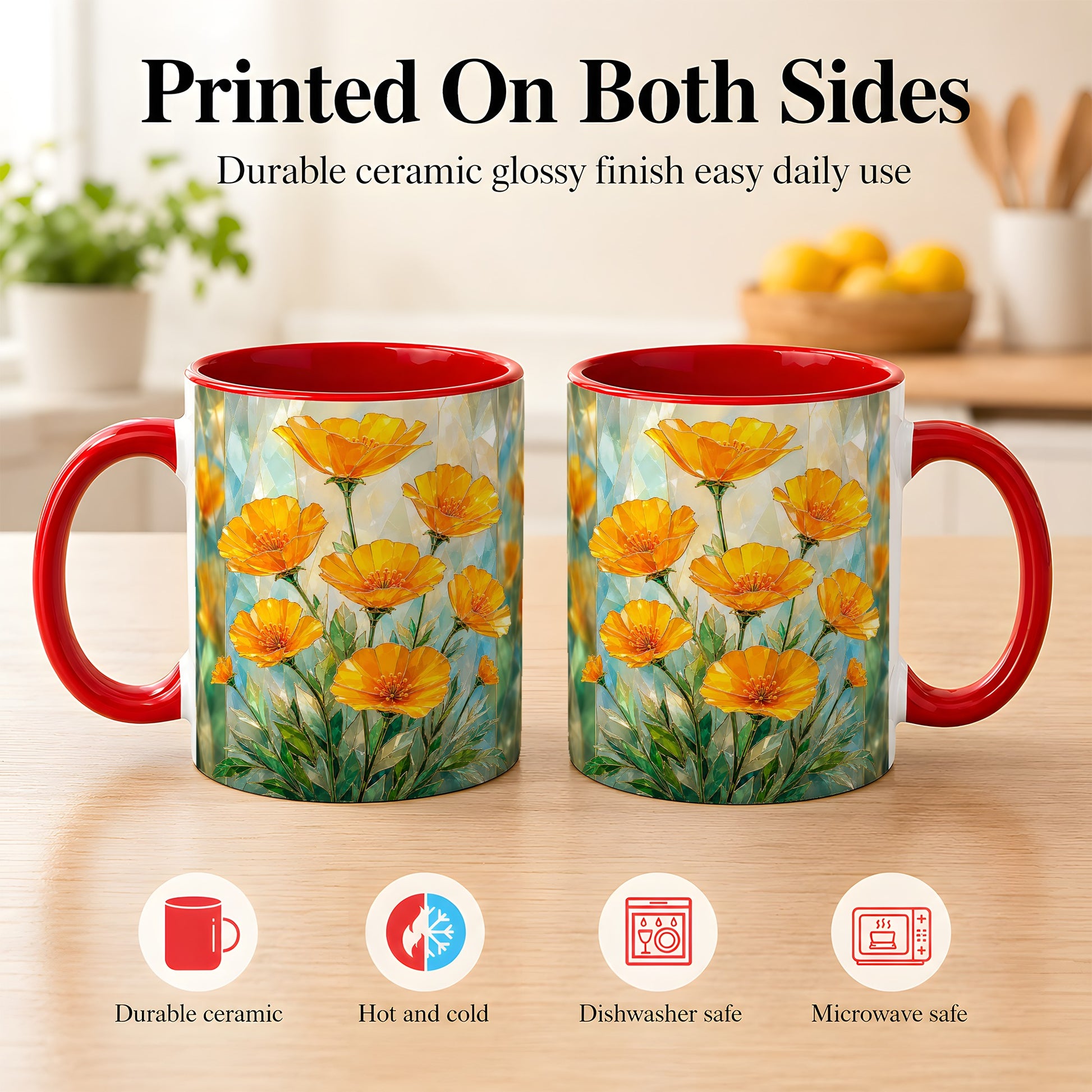 #pl[11oz|Red] Orange Poppy Coffee Mug, Stained Glass Style Mug, Ceramic Cup