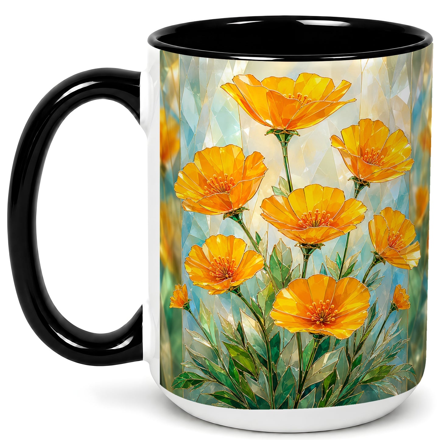 #pl[15oz|Black] Orange Poppy Coffee Mug, Stained Glass Style Mug, Ceramic Cup