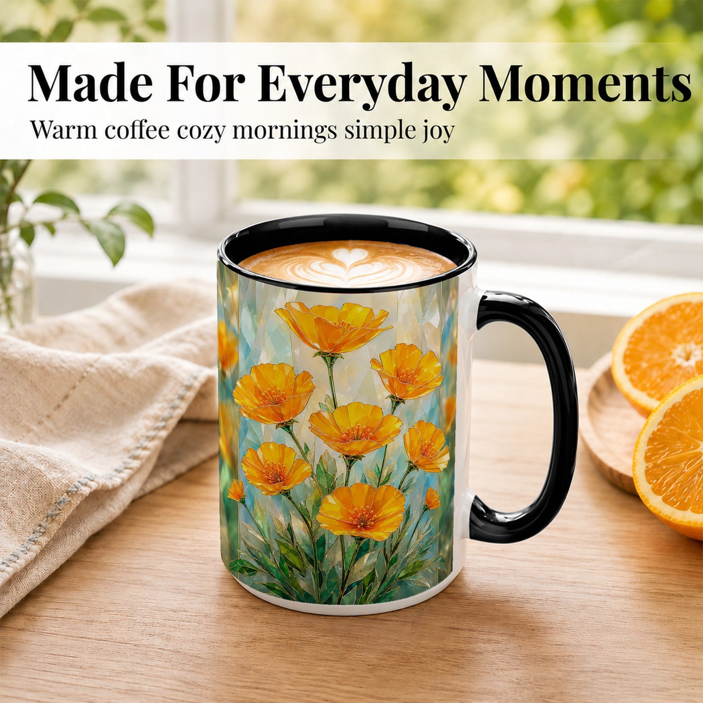 #pl[15oz|Black] Orange Poppy Coffee Mug, Stained Glass Style Mug, Ceramic Cup