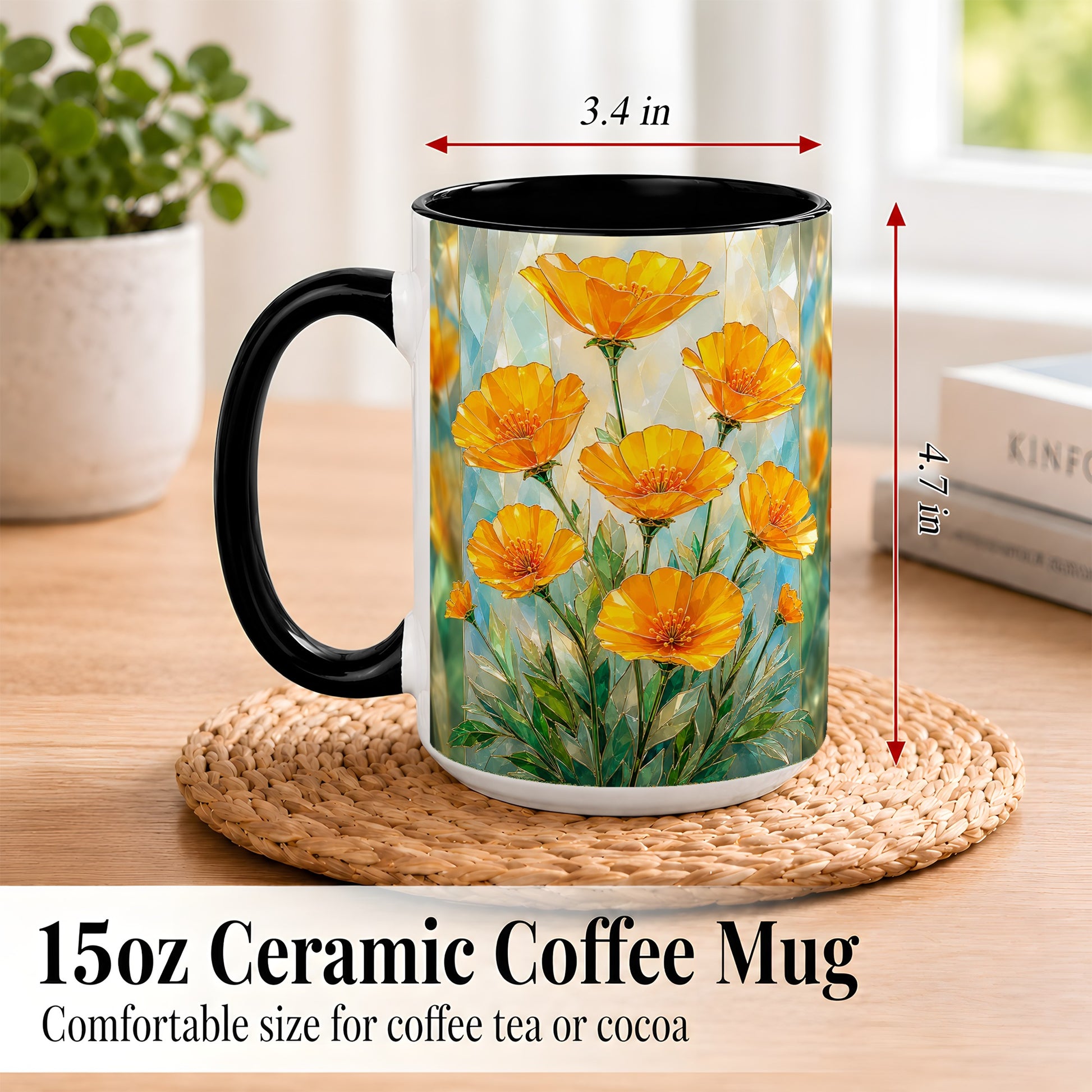 #pl[15oz|Black] Orange Poppy Coffee Mug, Stained Glass Style Mug, Ceramic Cup