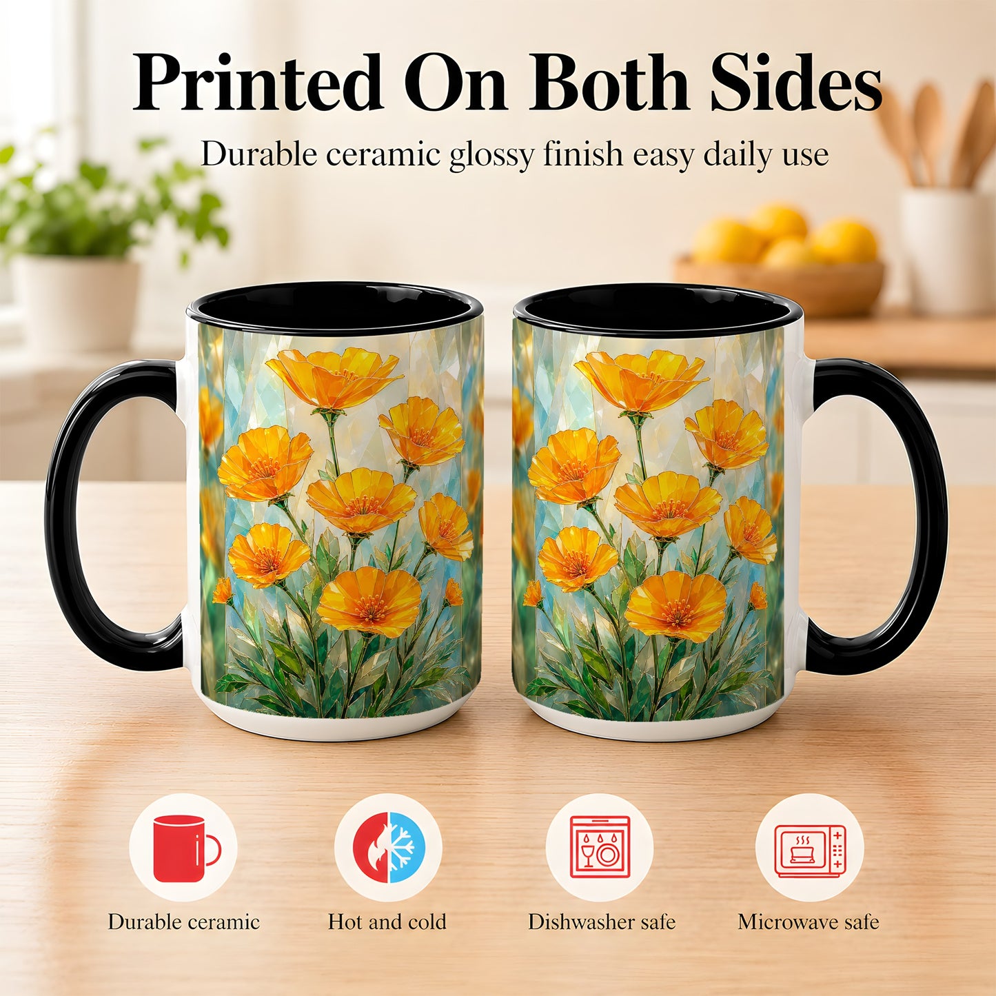 #pl[15oz|Black] Orange Poppy Coffee Mug, Stained Glass Style Mug, Ceramic Cup