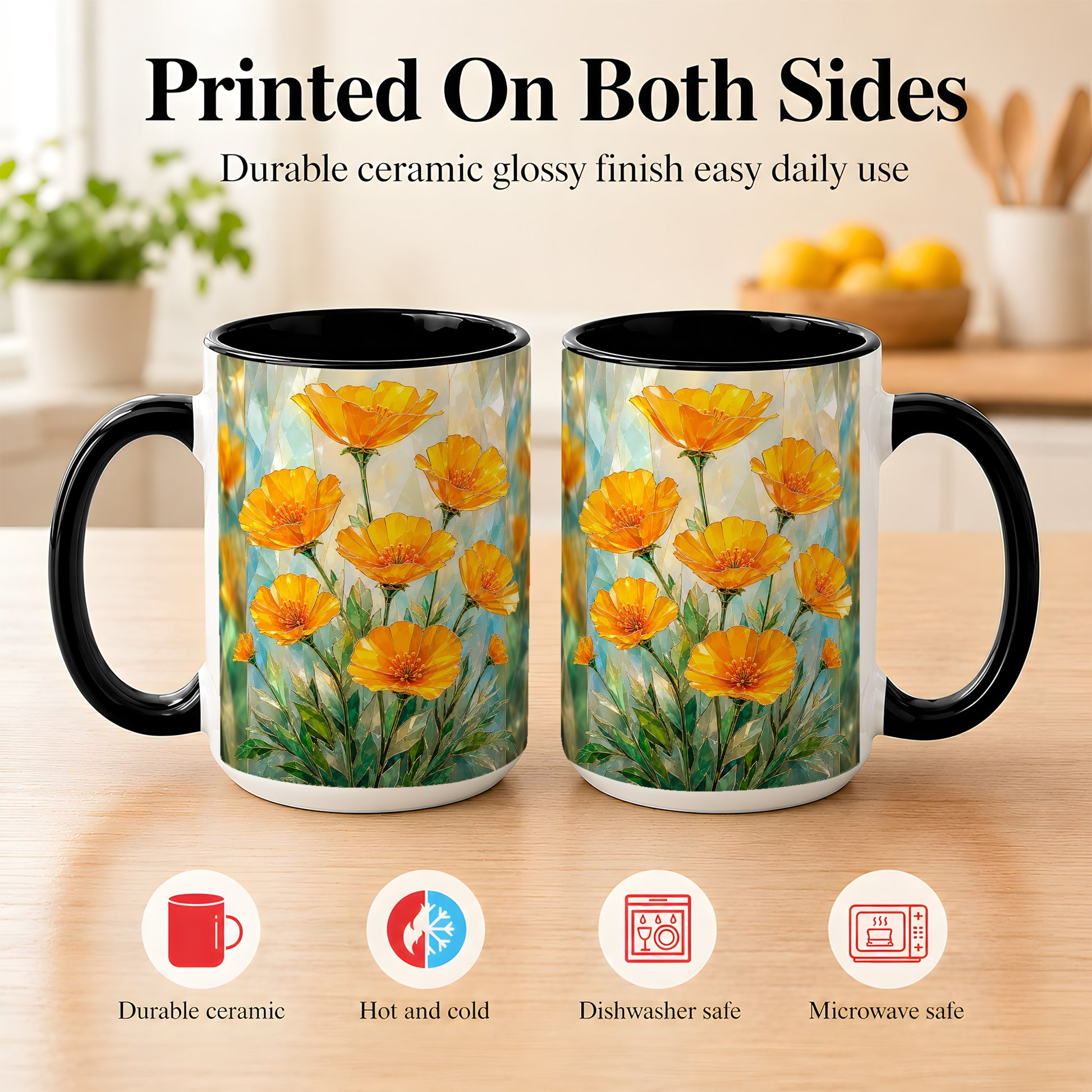 #pl[15oz|Black] Orange Poppy Coffee Mug, Stained Glass Style Mug, Ceramic Cup
