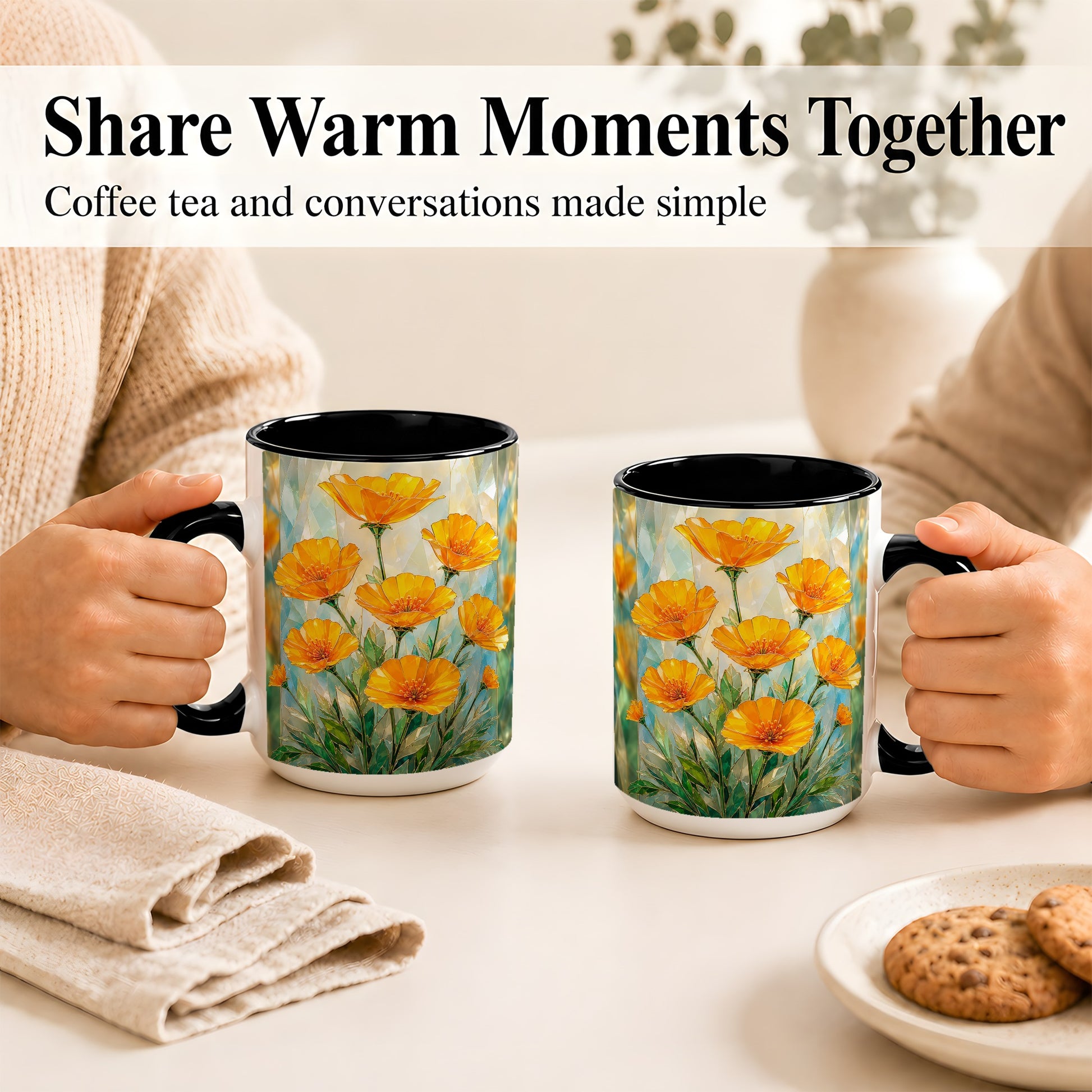 #pl[15oz|Black] Orange Poppy Coffee Mug, Stained Glass Style Mug, Ceramic Cup