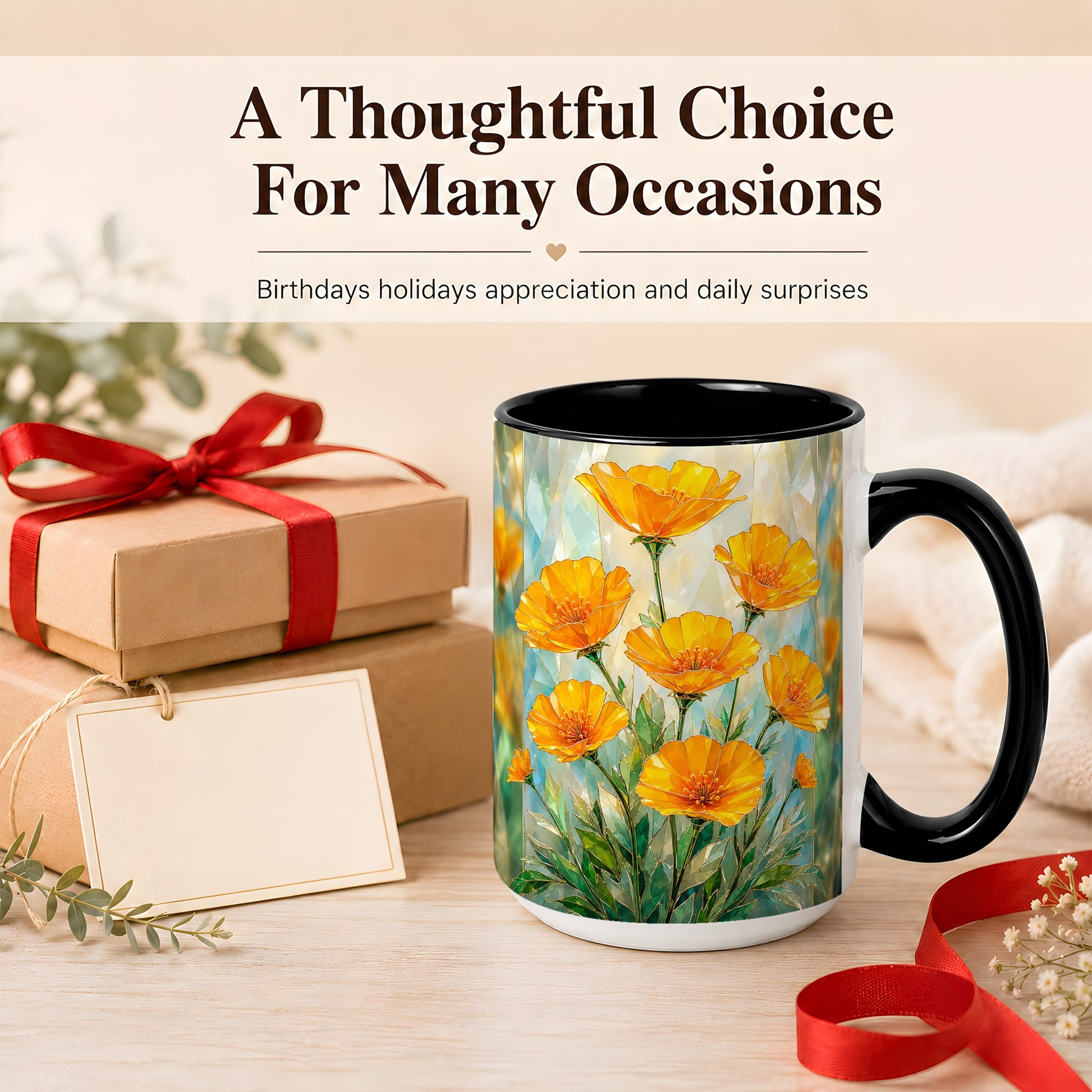 #pl[15oz|Black] Orange Poppy Coffee Mug, Stained Glass Style Mug, Ceramic Cup