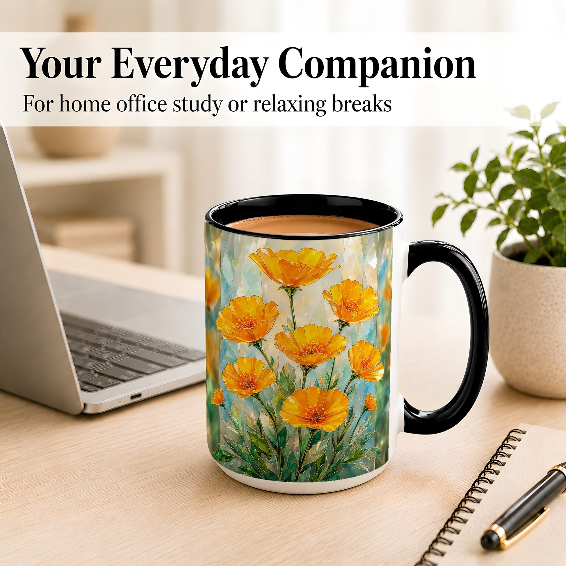 #pl[15oz|Black] Orange Poppy Coffee Mug, Stained Glass Style Mug, Ceramic Cup
