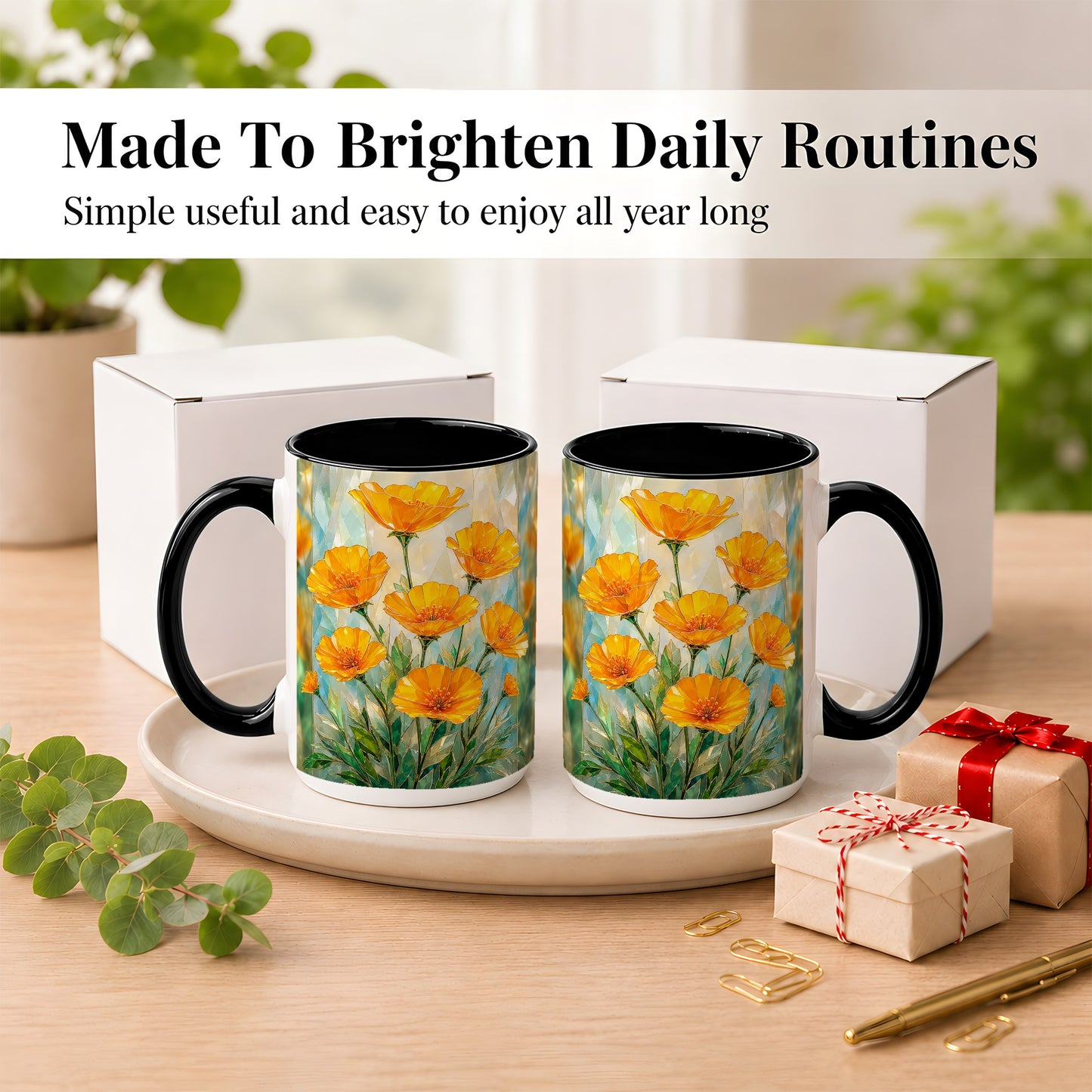 #pl[15oz|Black] Orange Poppy Coffee Mug, Stained Glass Style Mug, Ceramic Cup