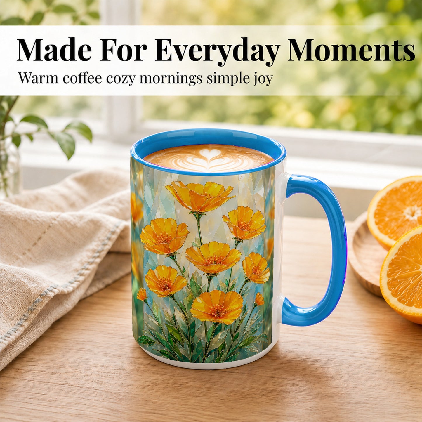 #pl[15oz|Blue] Orange Poppy Coffee Mug, Stained Glass Style Mug, Ceramic Cup