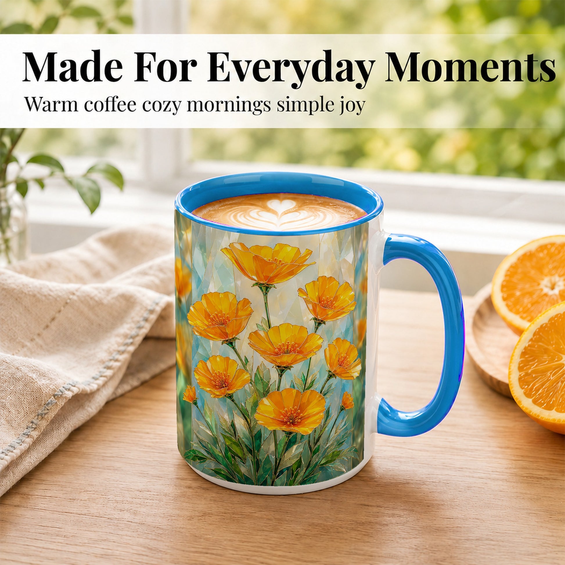 #pl[15oz|Blue] Orange Poppy Coffee Mug, Stained Glass Style Mug, Ceramic Cup