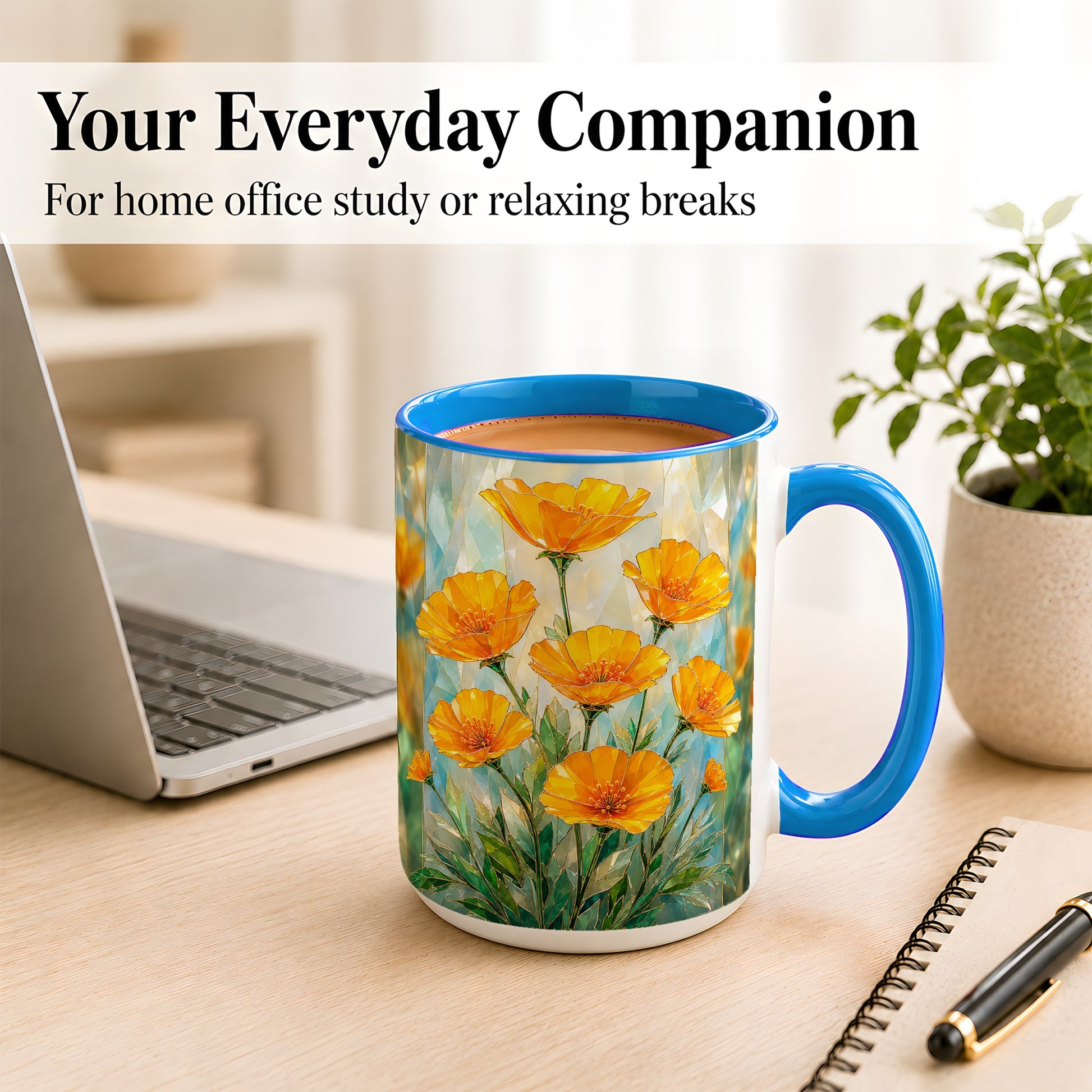 #pl[15oz|Blue] Orange Poppy Coffee Mug, Stained Glass Style Mug, Ceramic Cup