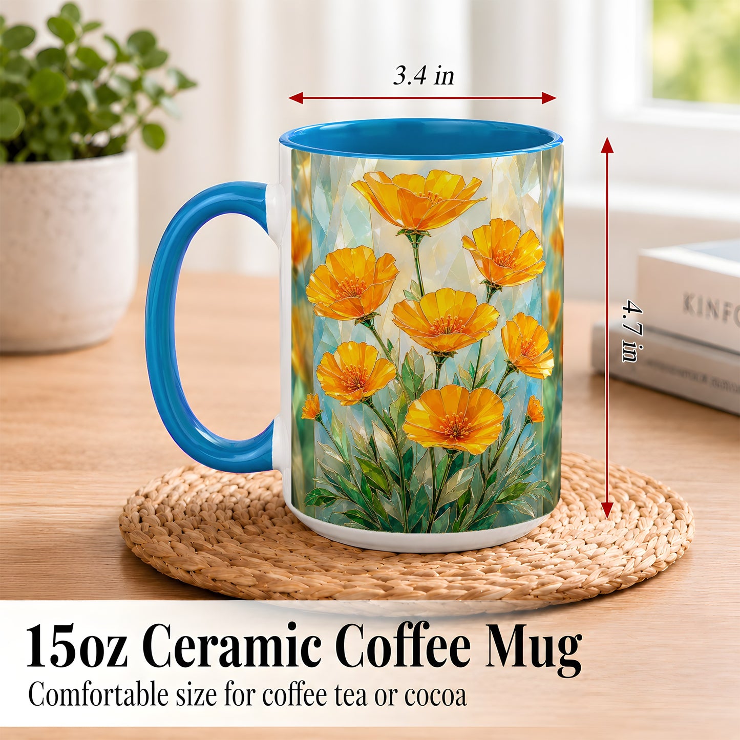 #pl[15oz|Blue] Orange Poppy Coffee Mug, Stained Glass Style Mug, Ceramic Cup