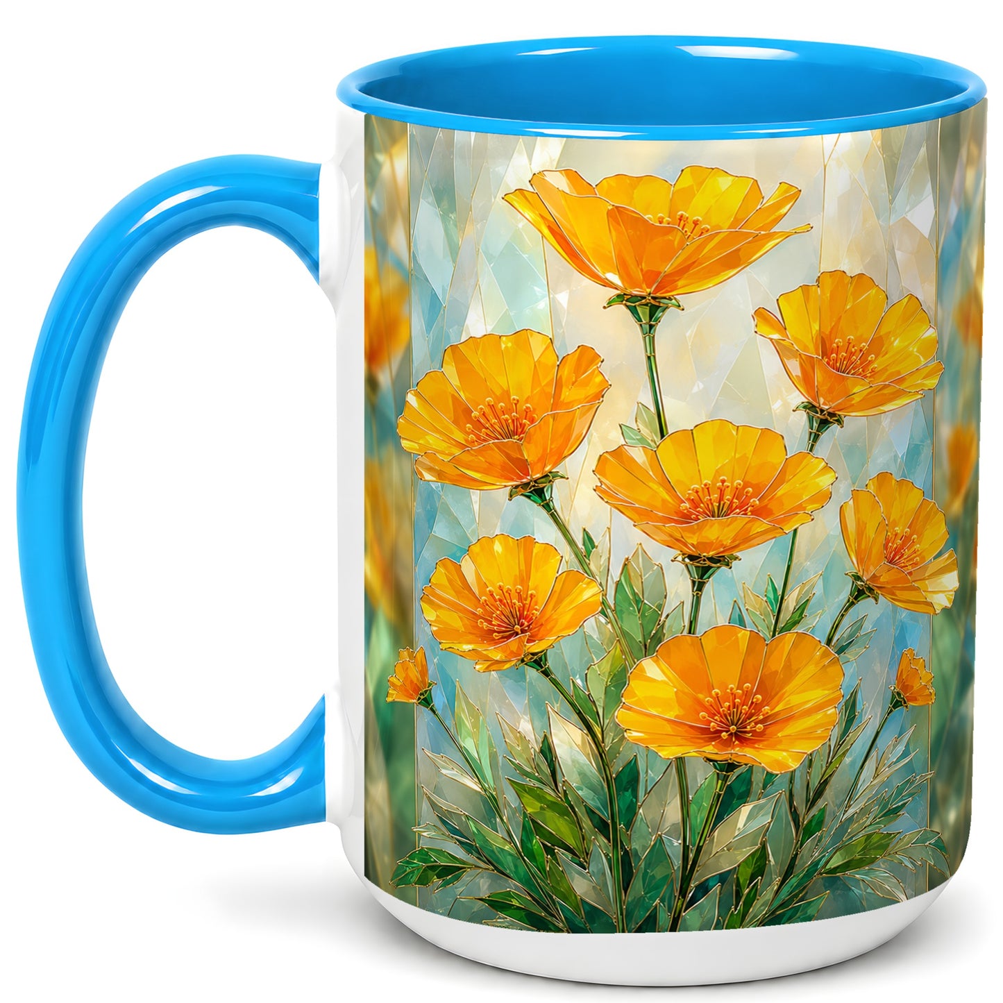 #pl[15oz|Blue] Orange Poppy Coffee Mug, Stained Glass Style Mug, Ceramic Cup