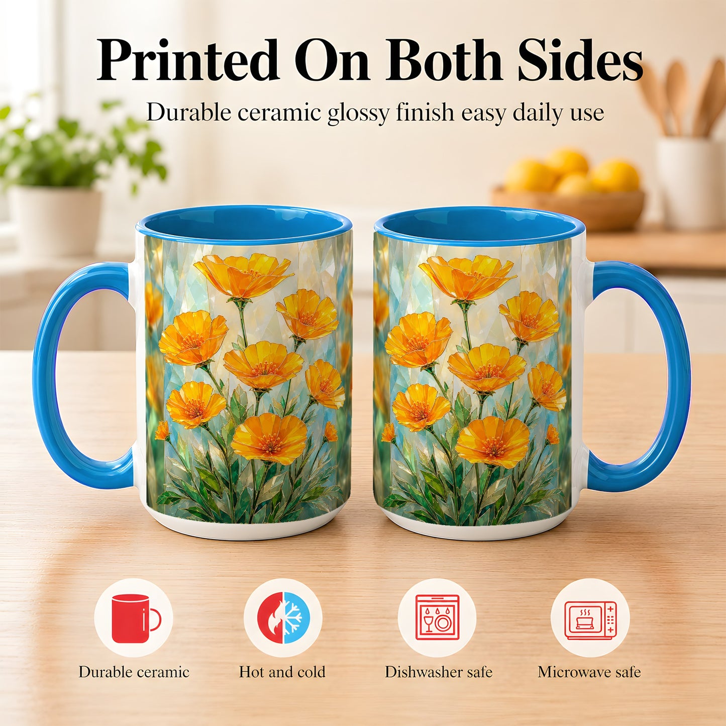 #pl[15oz|Blue] Orange Poppy Coffee Mug, Stained Glass Style Mug, Ceramic Cup