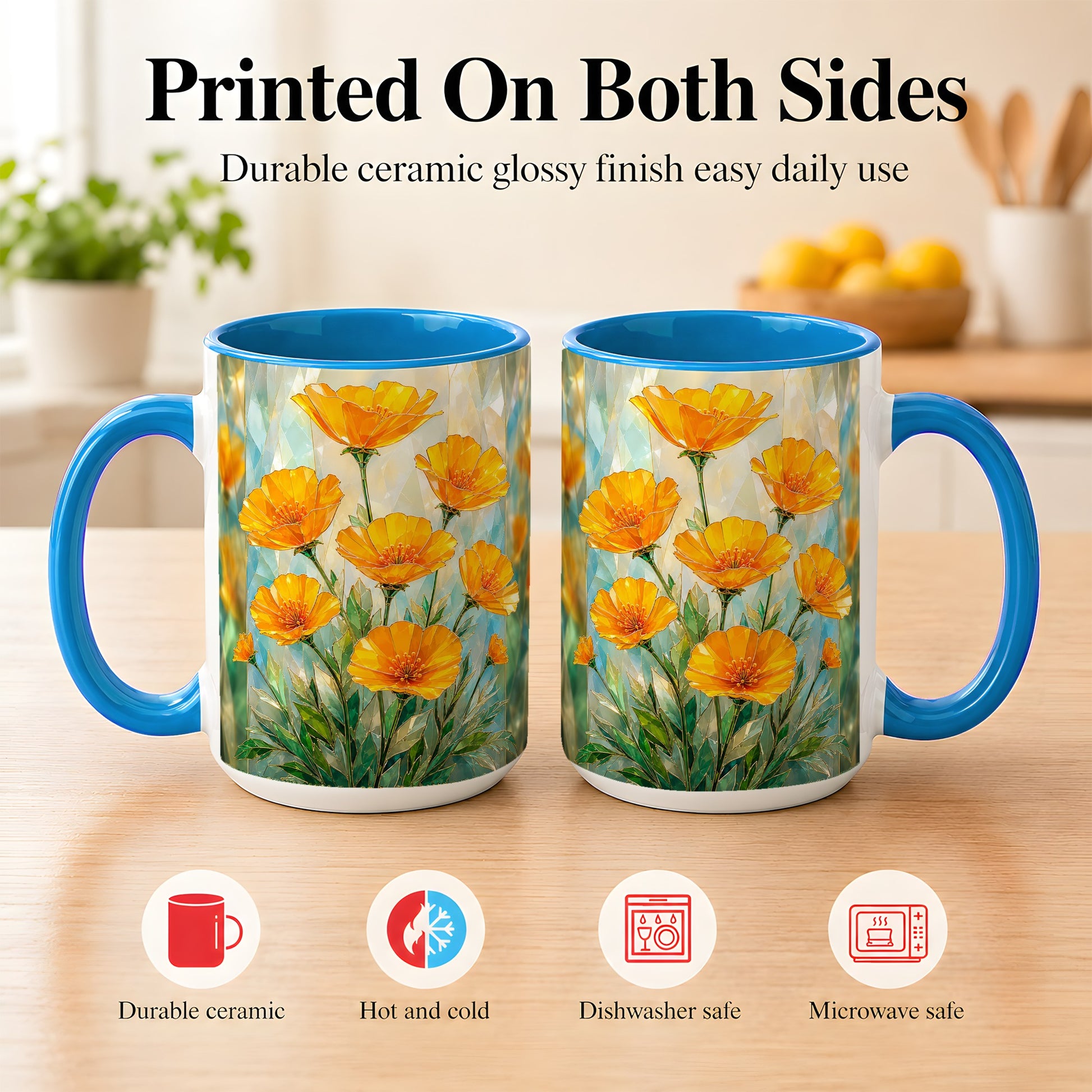 #pl[15oz|Blue] Orange Poppy Coffee Mug, Stained Glass Style Mug, Ceramic Cup