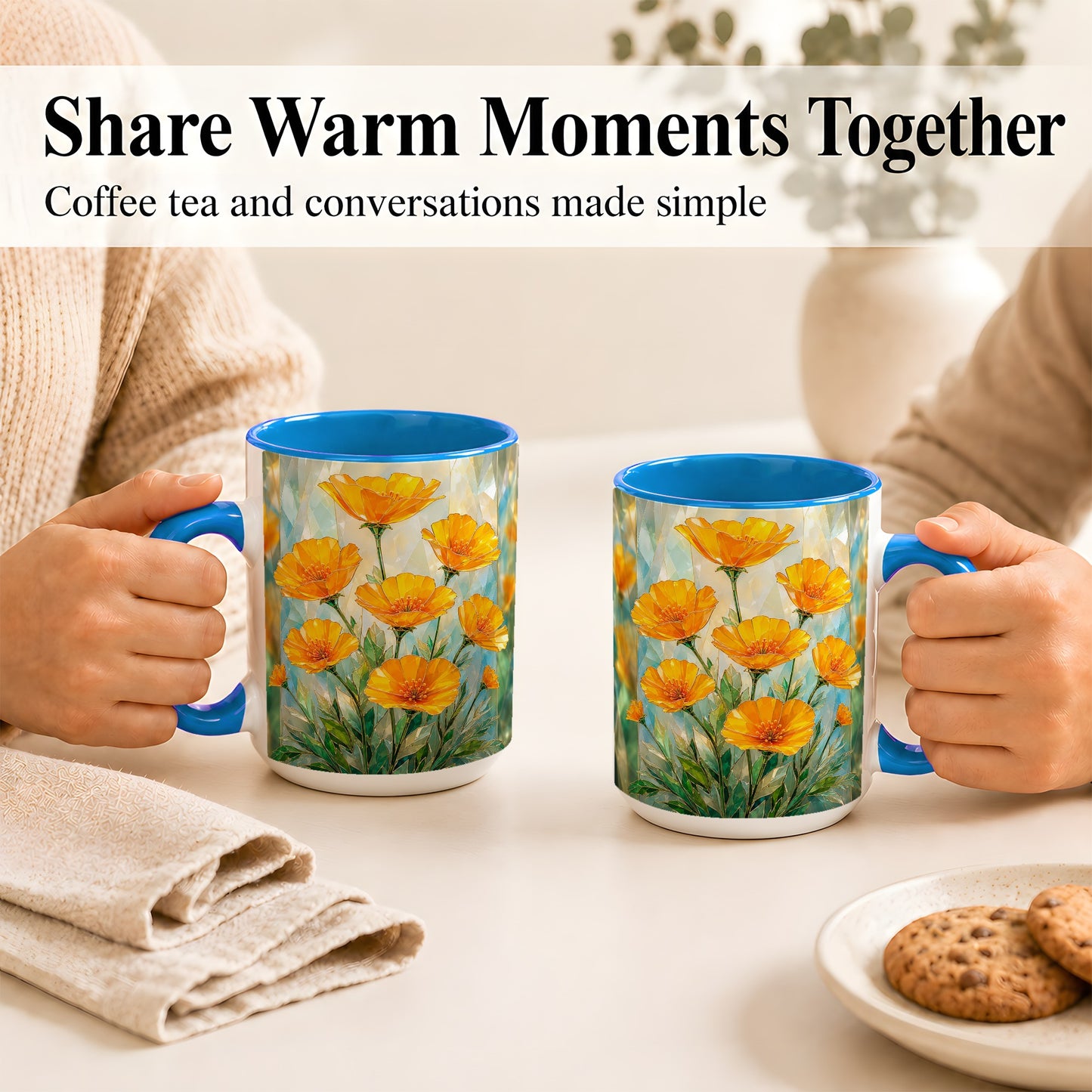 #pl[15oz|Blue] Orange Poppy Coffee Mug, Stained Glass Style Mug, Ceramic Cup