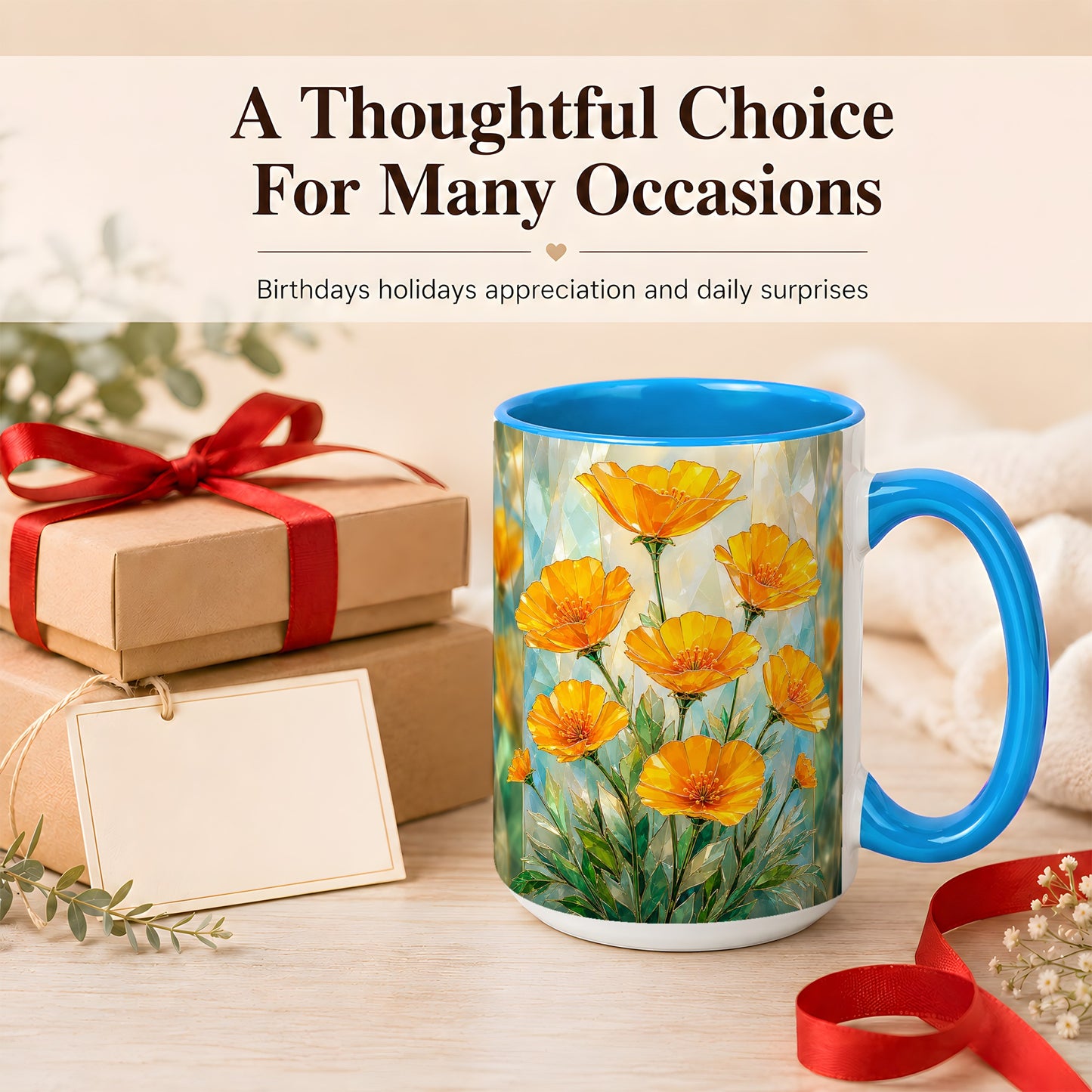#pl[15oz|Blue] Orange Poppy Coffee Mug, Stained Glass Style Mug, Ceramic Cup