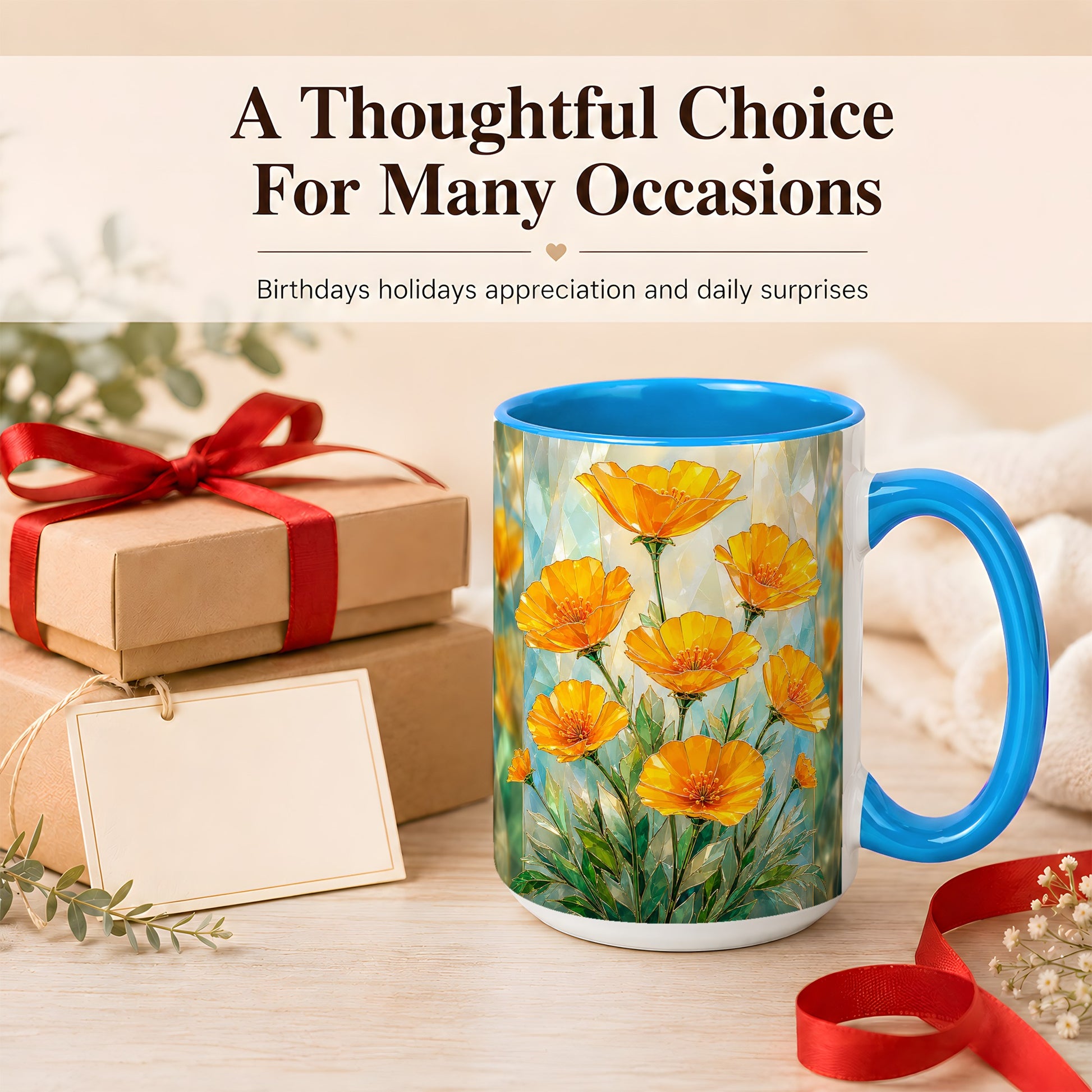 #pl[15oz|Blue] Orange Poppy Coffee Mug, Stained Glass Style Mug, Ceramic Cup