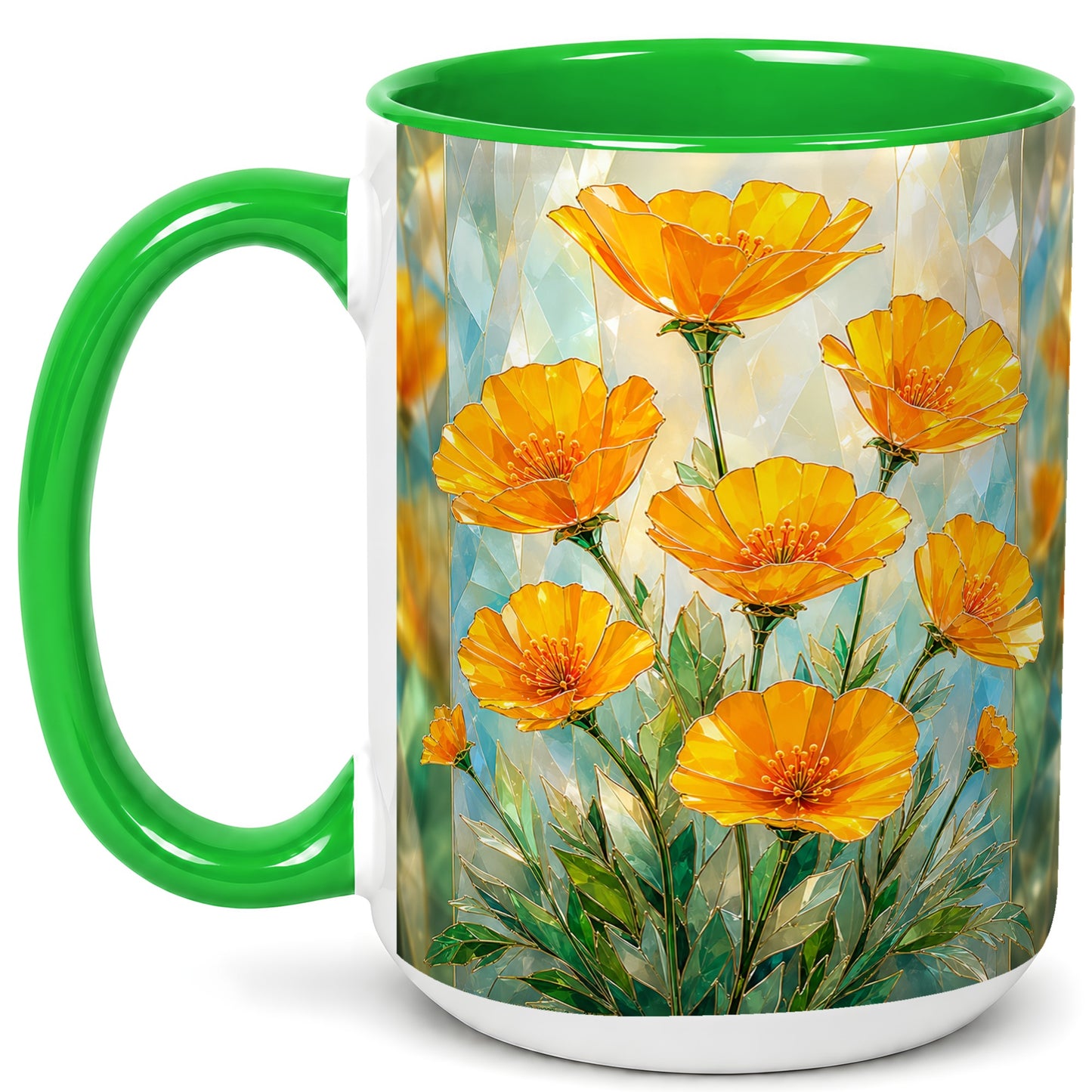 #pl[15oz|Green] Orange Poppy Coffee Mug, Stained Glass Style Mug, Ceramic Cup