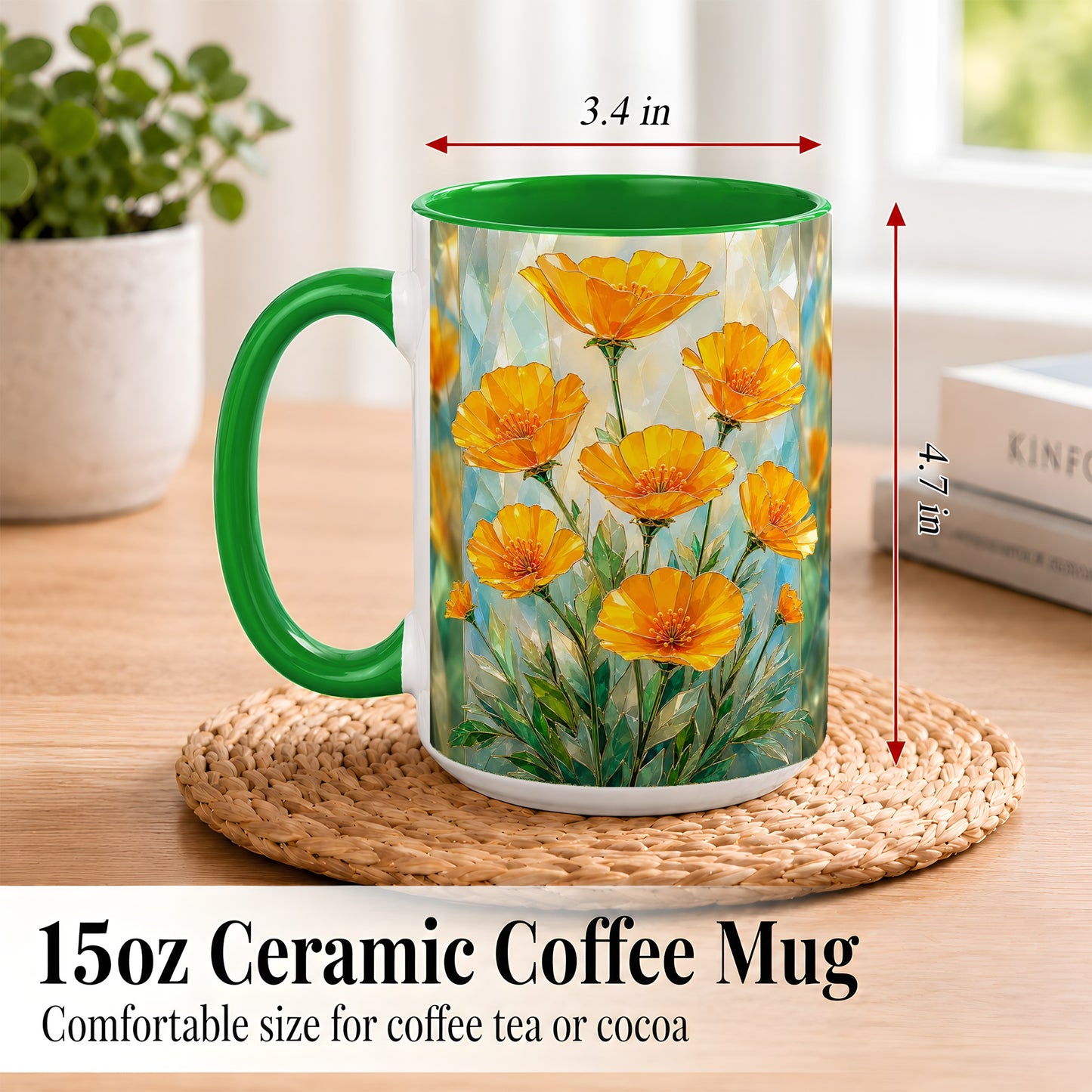 #pl[15oz|Green] Orange Poppy Coffee Mug, Stained Glass Style Mug, Ceramic Cup