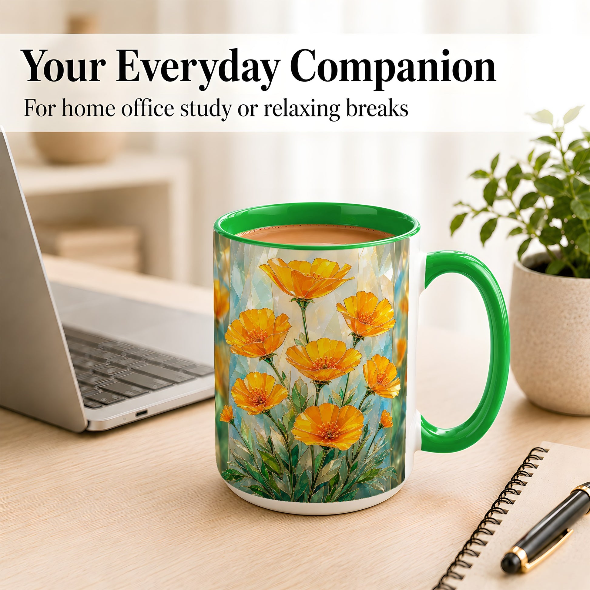 #pl[15oz|Green] Orange Poppy Coffee Mug, Stained Glass Style Mug, Ceramic Cup