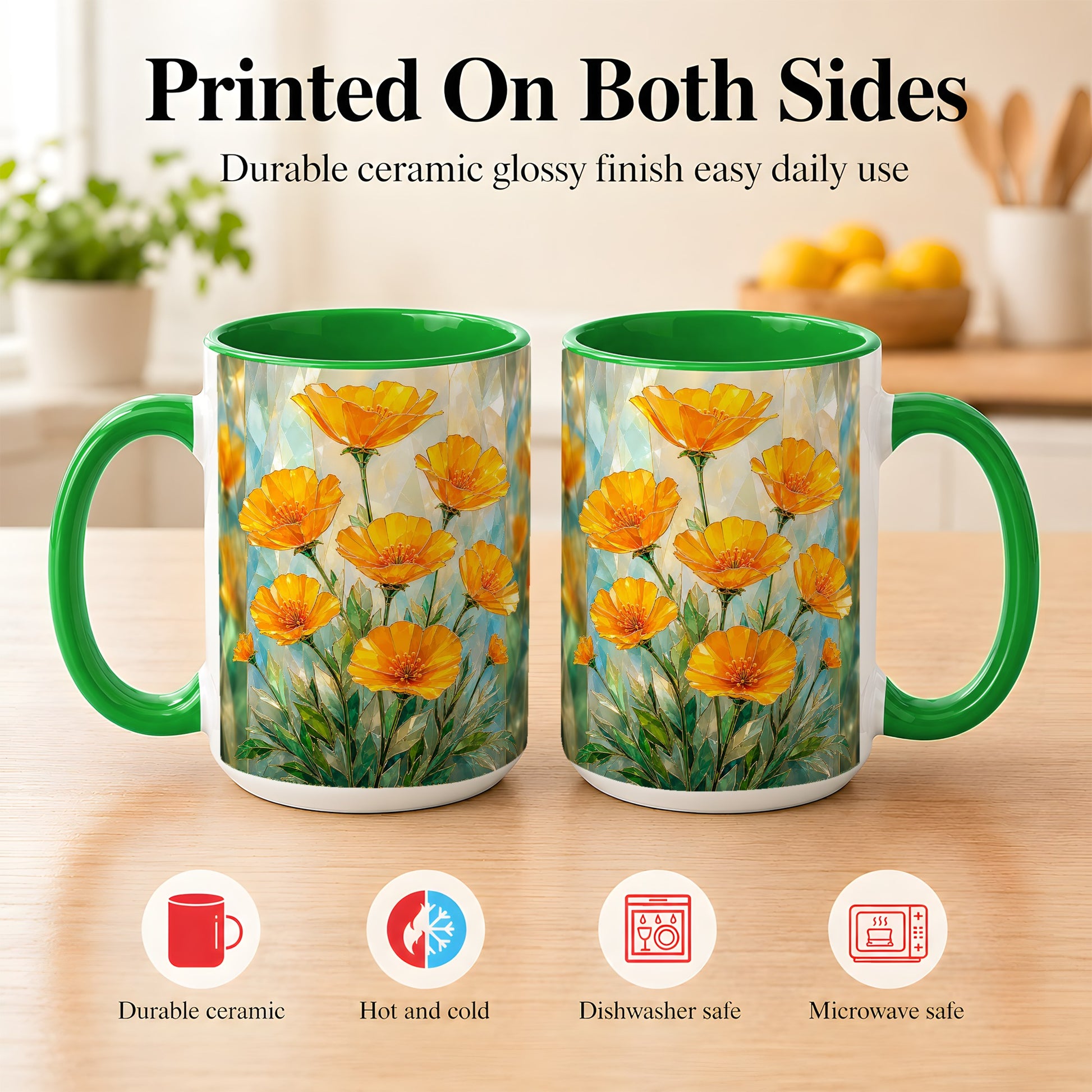 #pl[15oz|Green] Orange Poppy Coffee Mug, Stained Glass Style Mug, Ceramic Cup