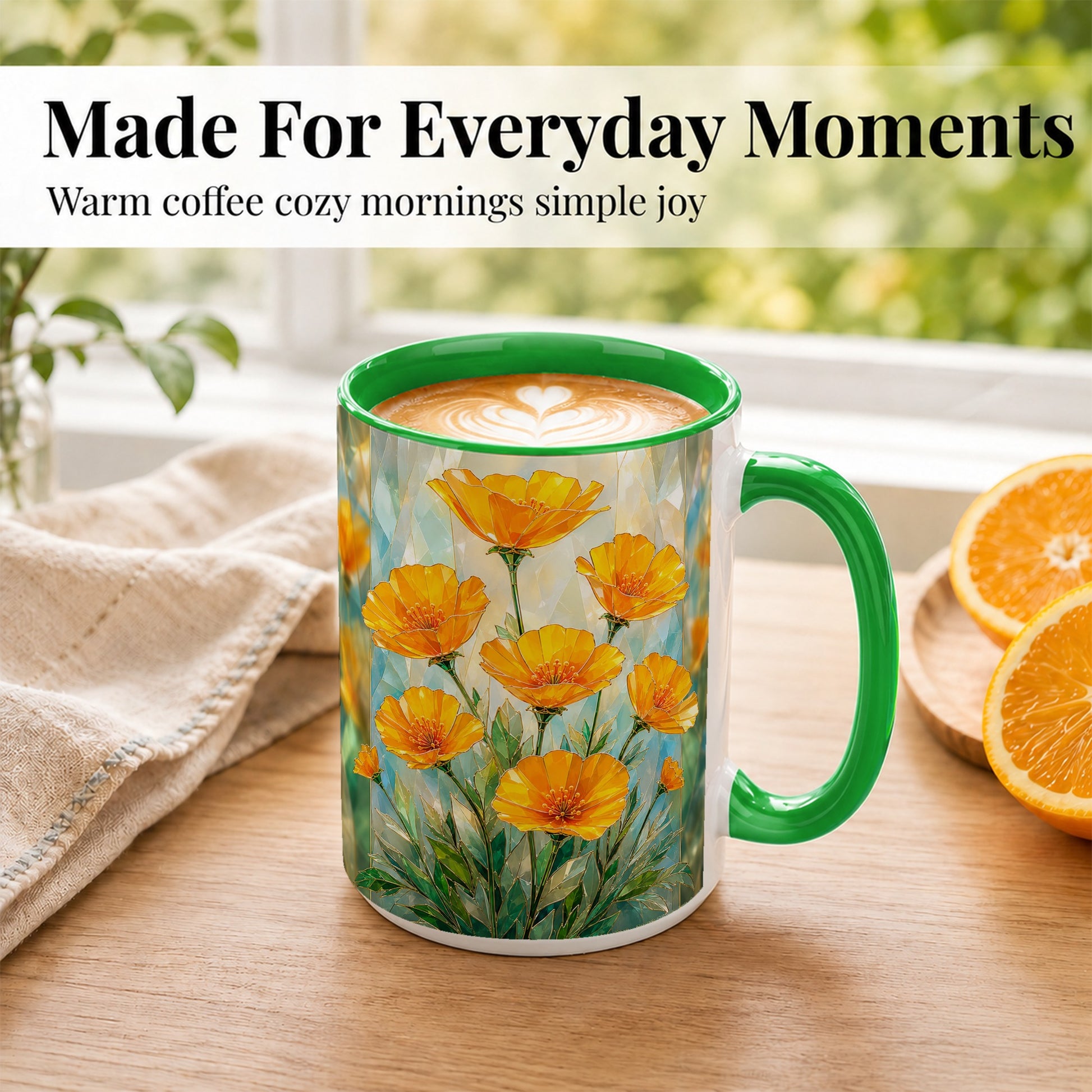 #pl[15oz|Green] Orange Poppy Coffee Mug, Stained Glass Style Mug, Ceramic Cup