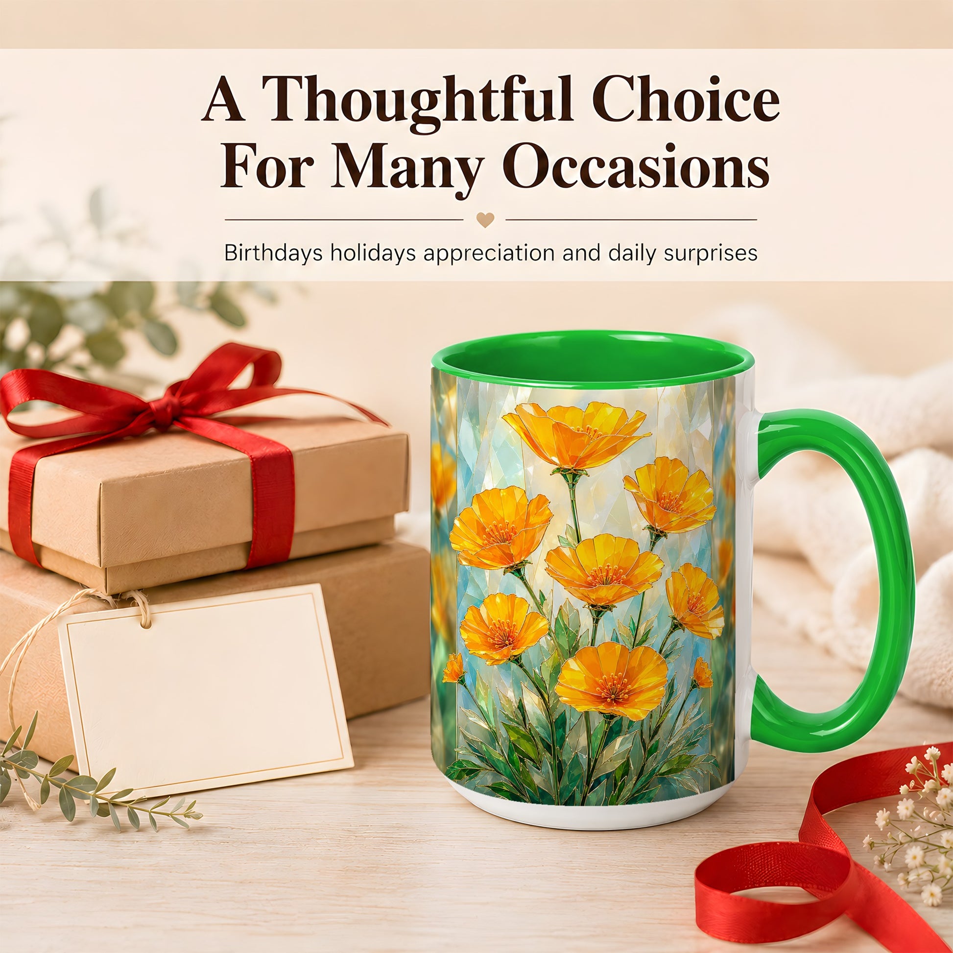 #pl[15oz|Green] Orange Poppy Coffee Mug, Stained Glass Style Mug, Ceramic Cup