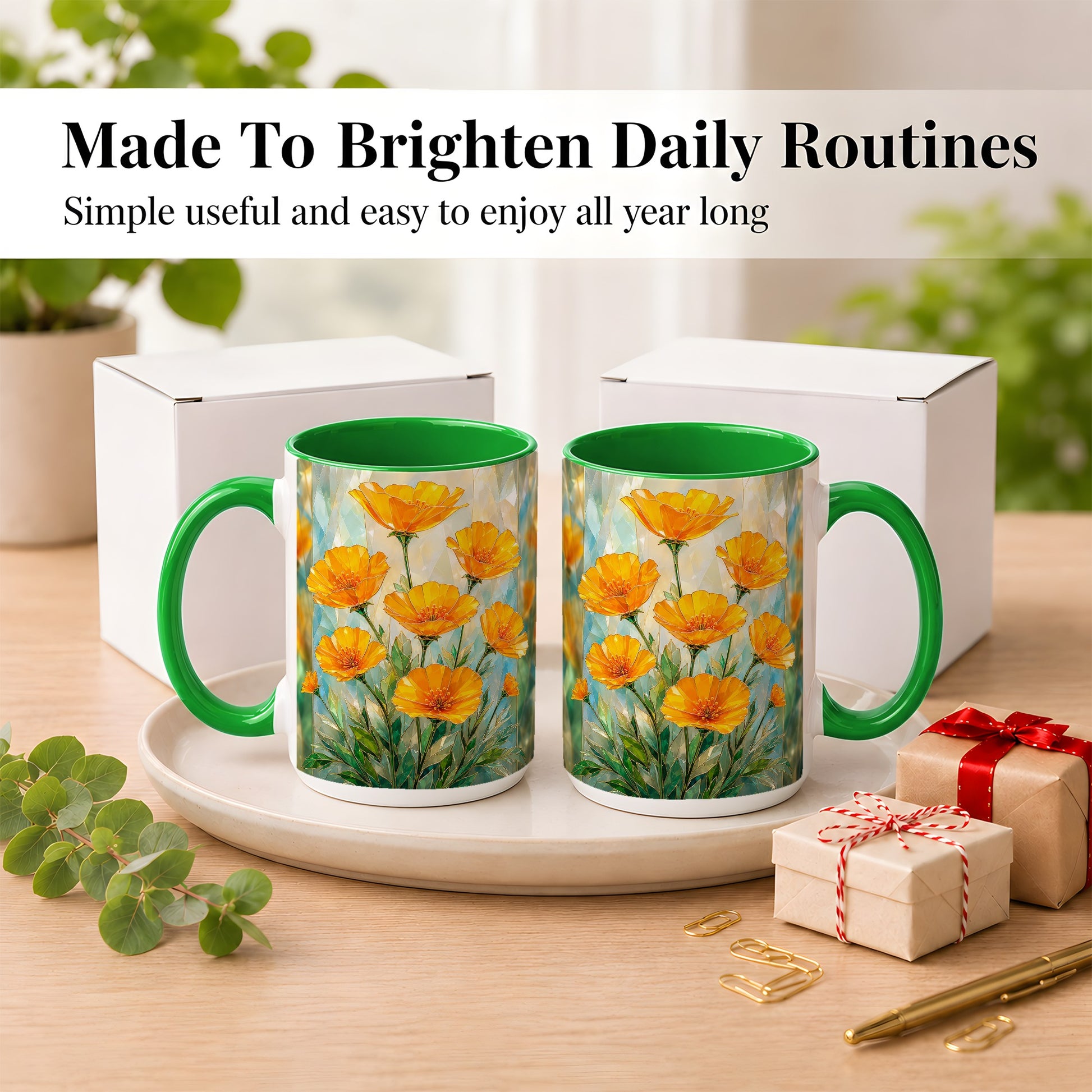 #pl[15oz|Green] Orange Poppy Coffee Mug, Stained Glass Style Mug, Ceramic Cup