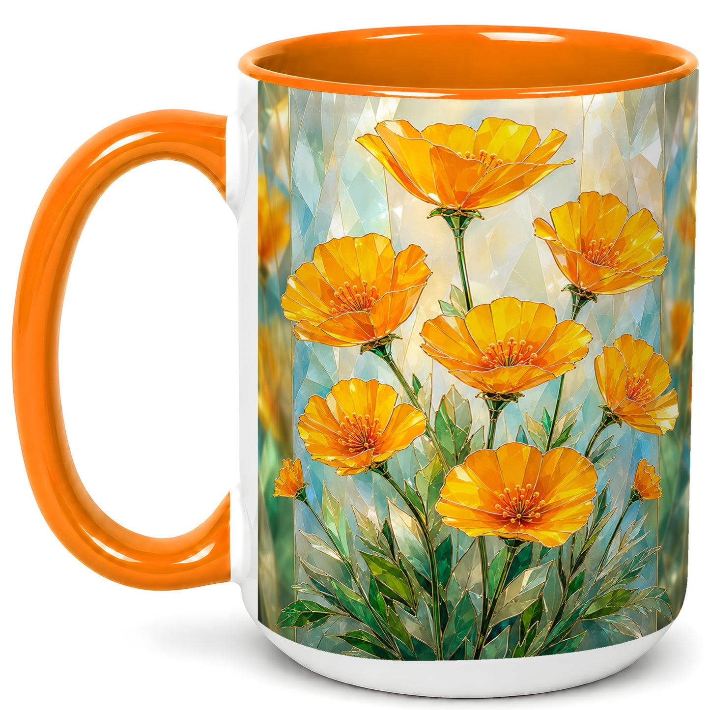 #pl[15oz|Orange] Orange Poppy Coffee Mug, Stained Glass Style Mug, Ceramic Cup