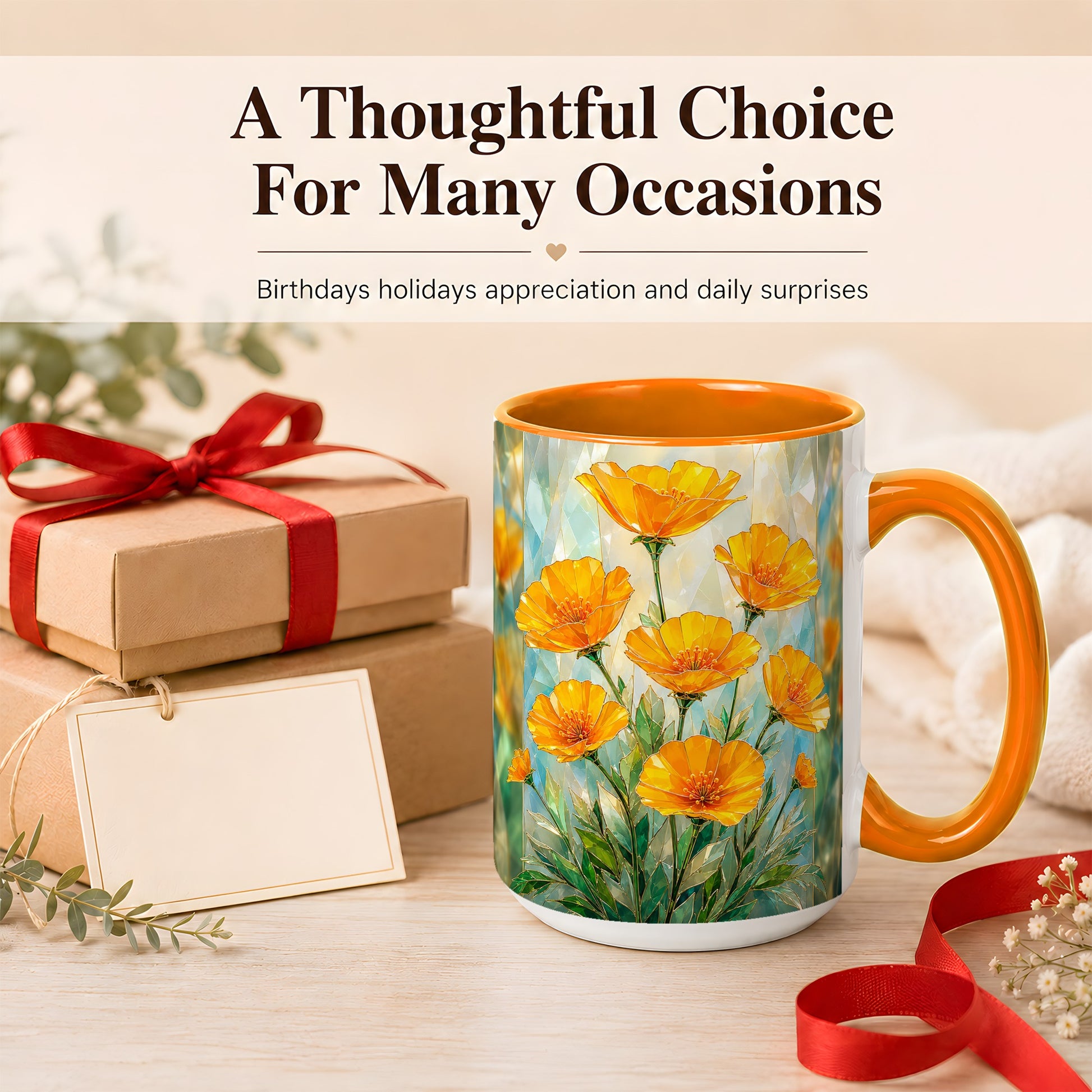 #pl[15oz|Orange] Orange Poppy Coffee Mug, Stained Glass Style Mug, Ceramic Cup