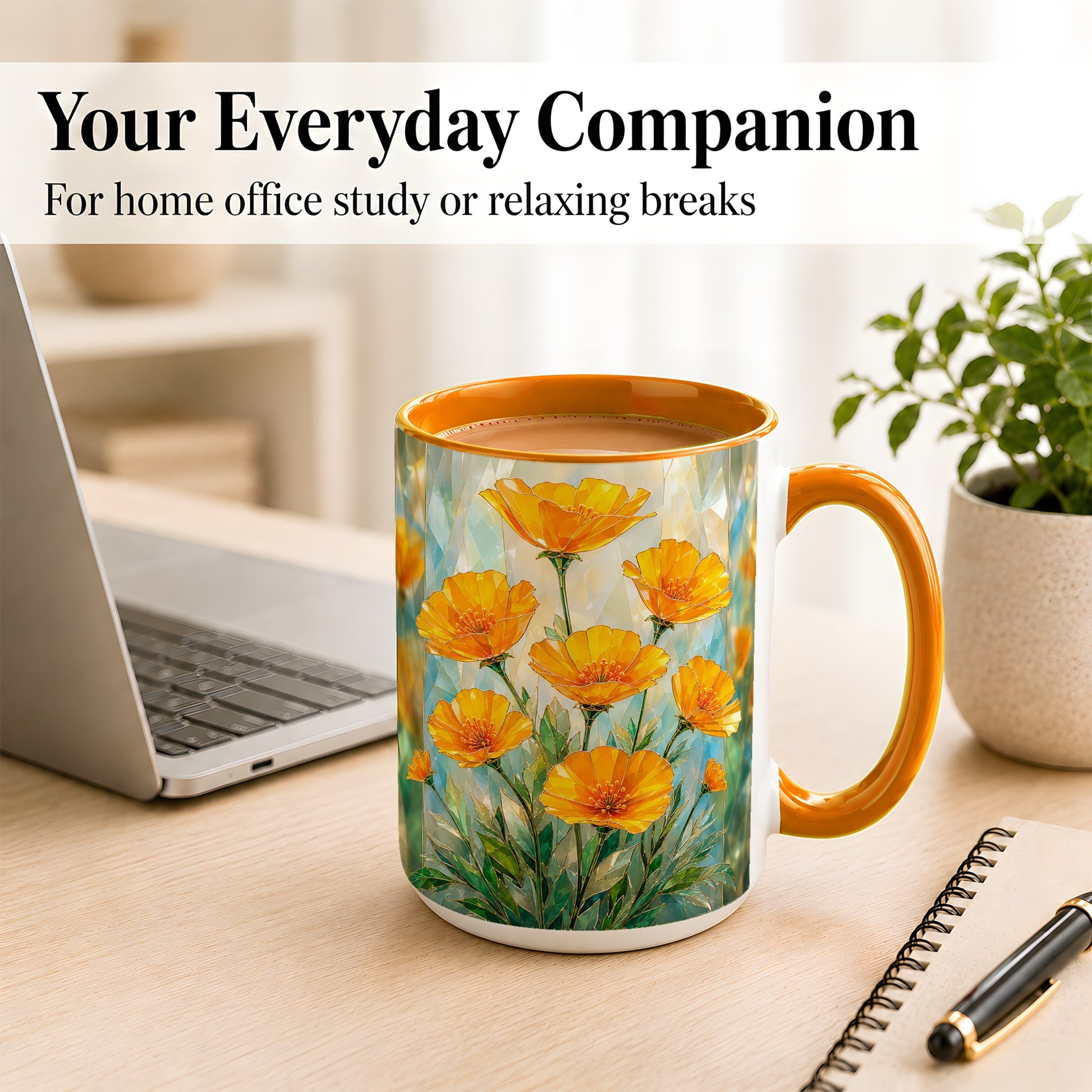 #pl[15oz|Orange] Orange Poppy Coffee Mug, Stained Glass Style Mug, Ceramic Cup