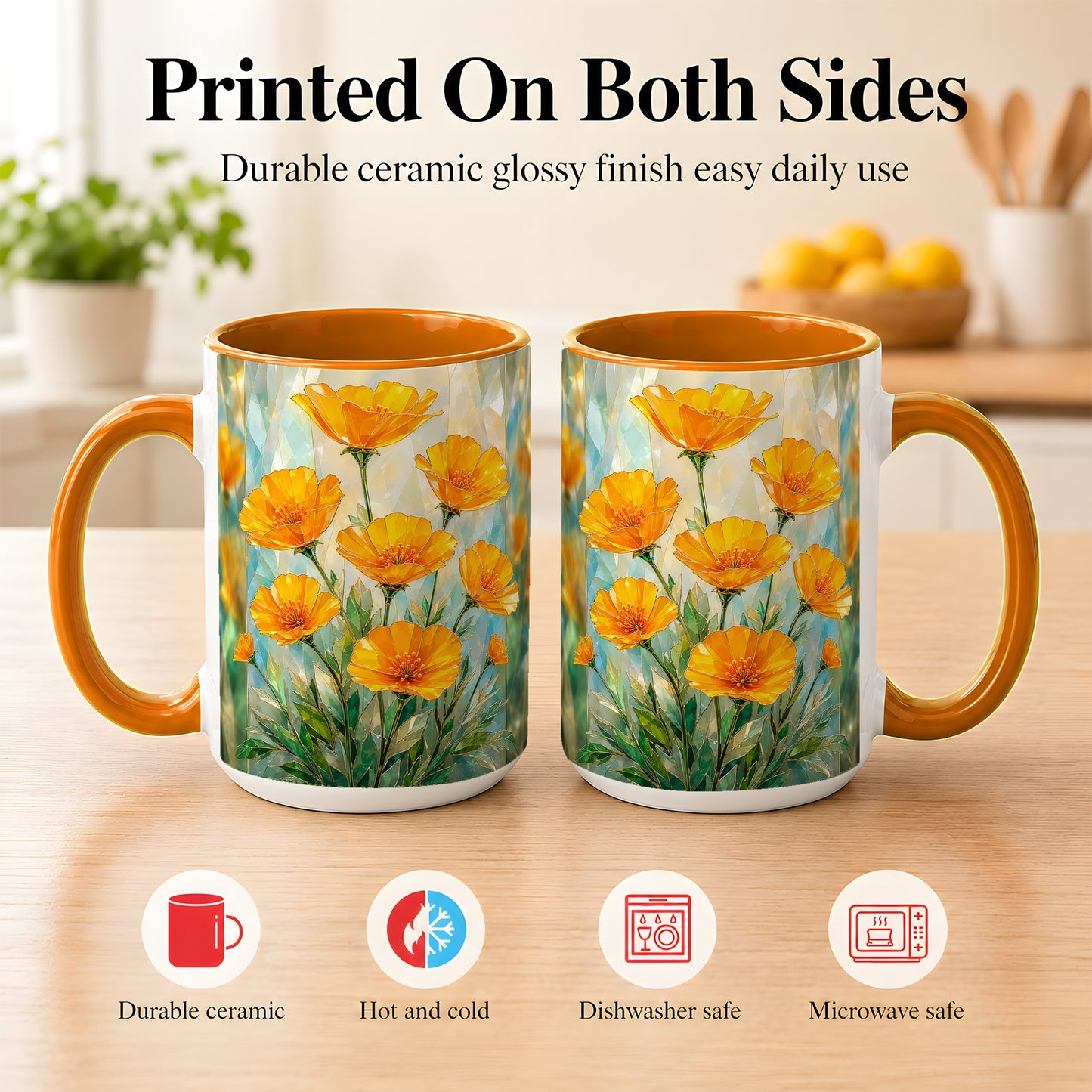 #pl[15oz|Orange] Orange Poppy Coffee Mug, Stained Glass Style Mug, Ceramic Cup