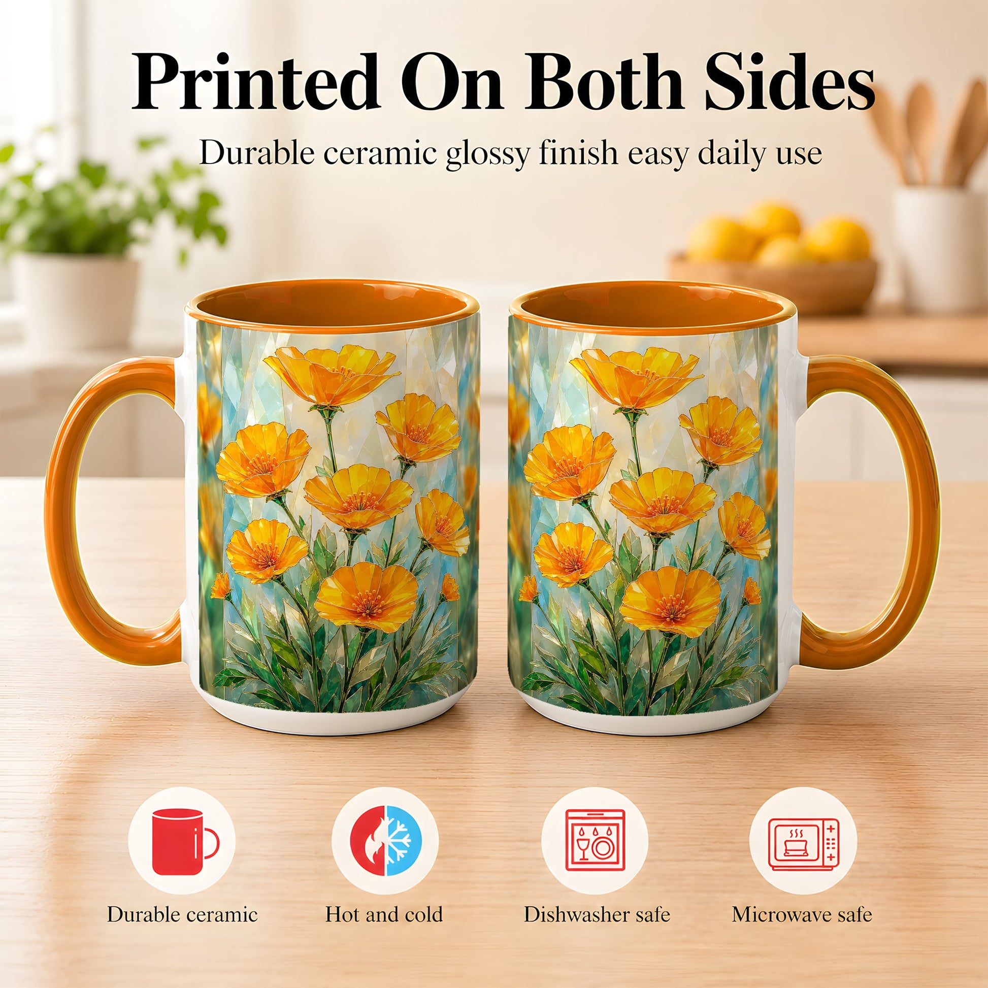 #pl[15oz|Orange] Orange Poppy Coffee Mug, Stained Glass Style Mug, Ceramic Cup
