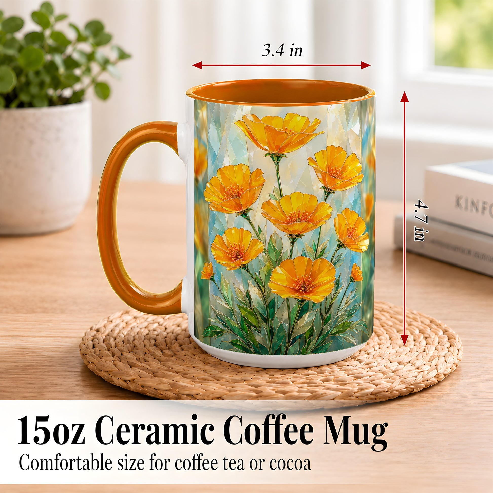 #pl[15oz|Orange] Orange Poppy Coffee Mug, Stained Glass Style Mug, Ceramic Cup