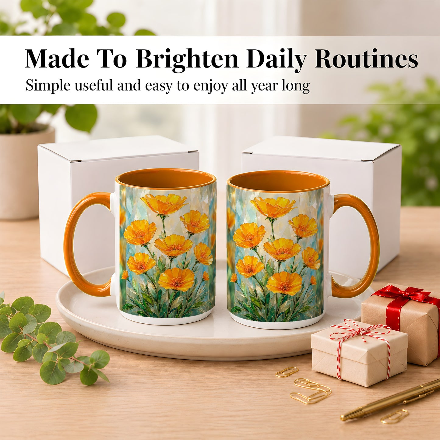 #pl[15oz|Orange] Orange Poppy Coffee Mug, Stained Glass Style Mug, Ceramic Cup